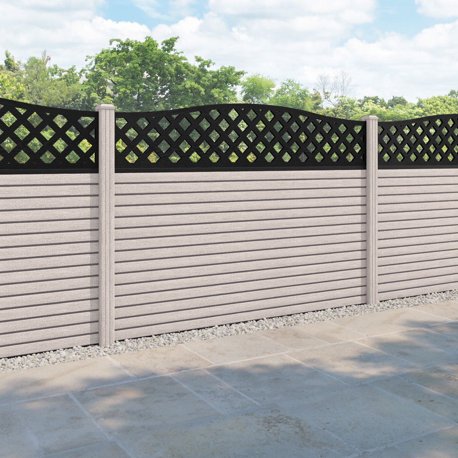 Hudson High Wave Curved Top Fence Panel - Mid Stone - with our composite posts