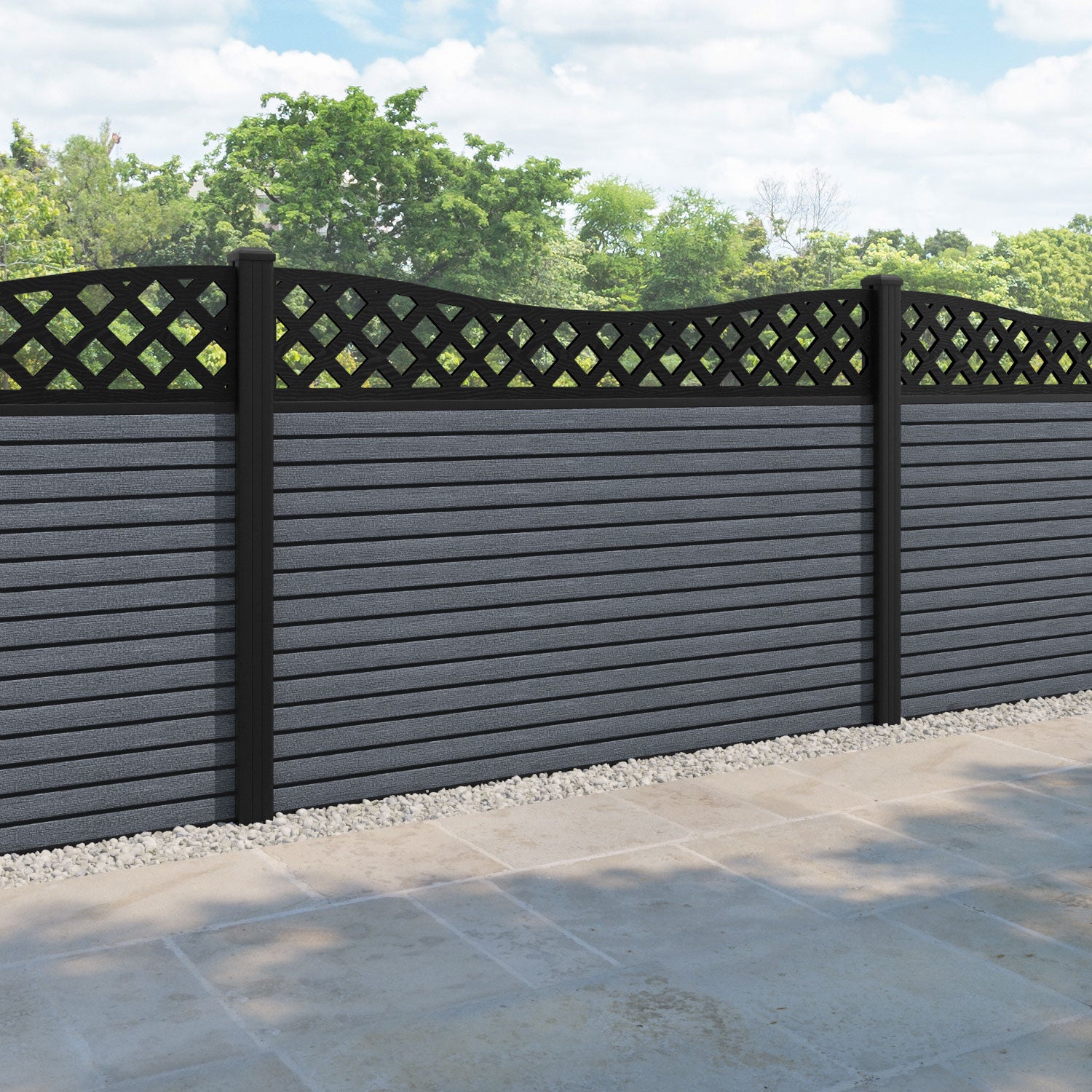 Hudson Low Wave Curved Top Fence Panel - Anthracite - with our aluminium posts