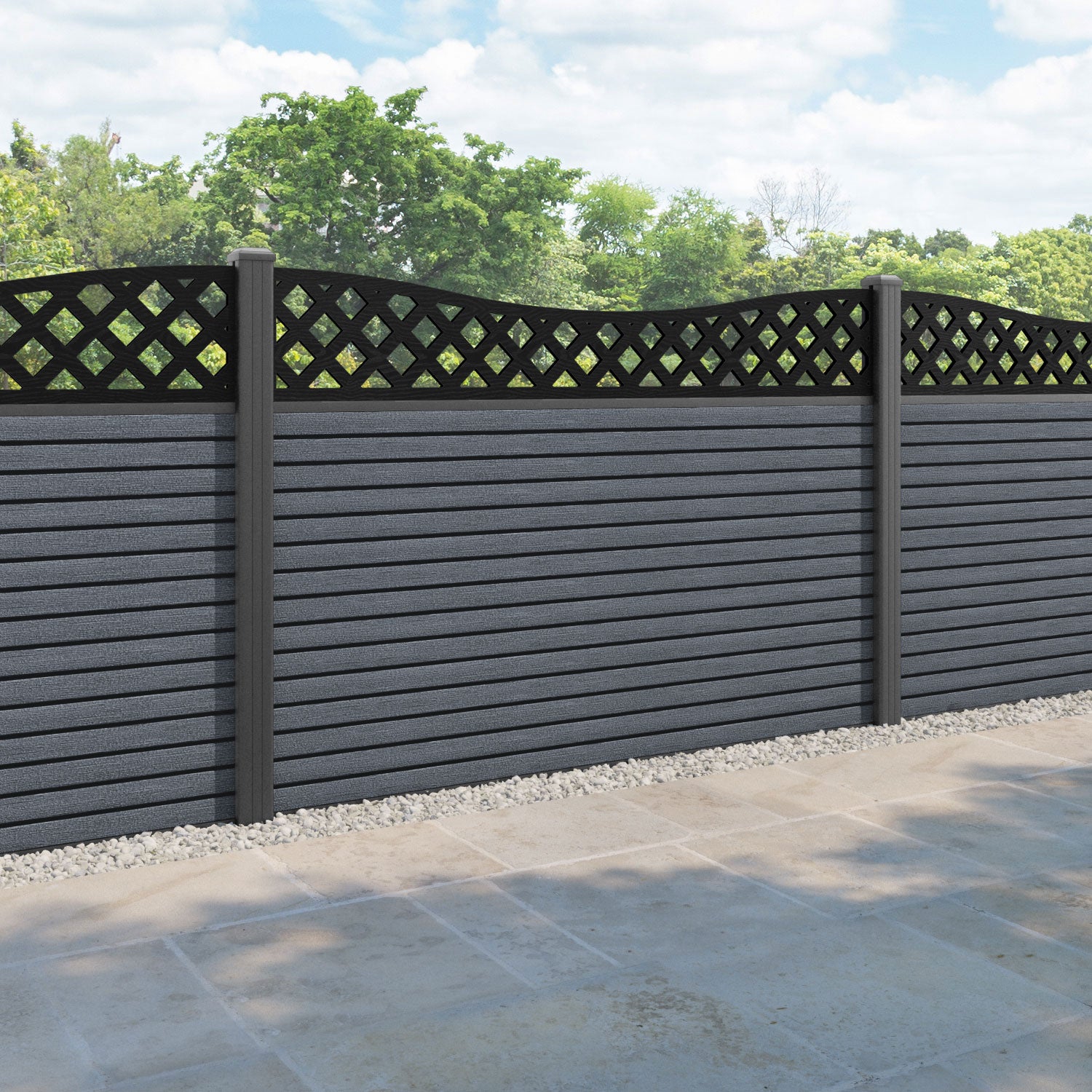 Hudson Low Wave Curved Top Fence Panel - Anthracite - with our aluminium posts