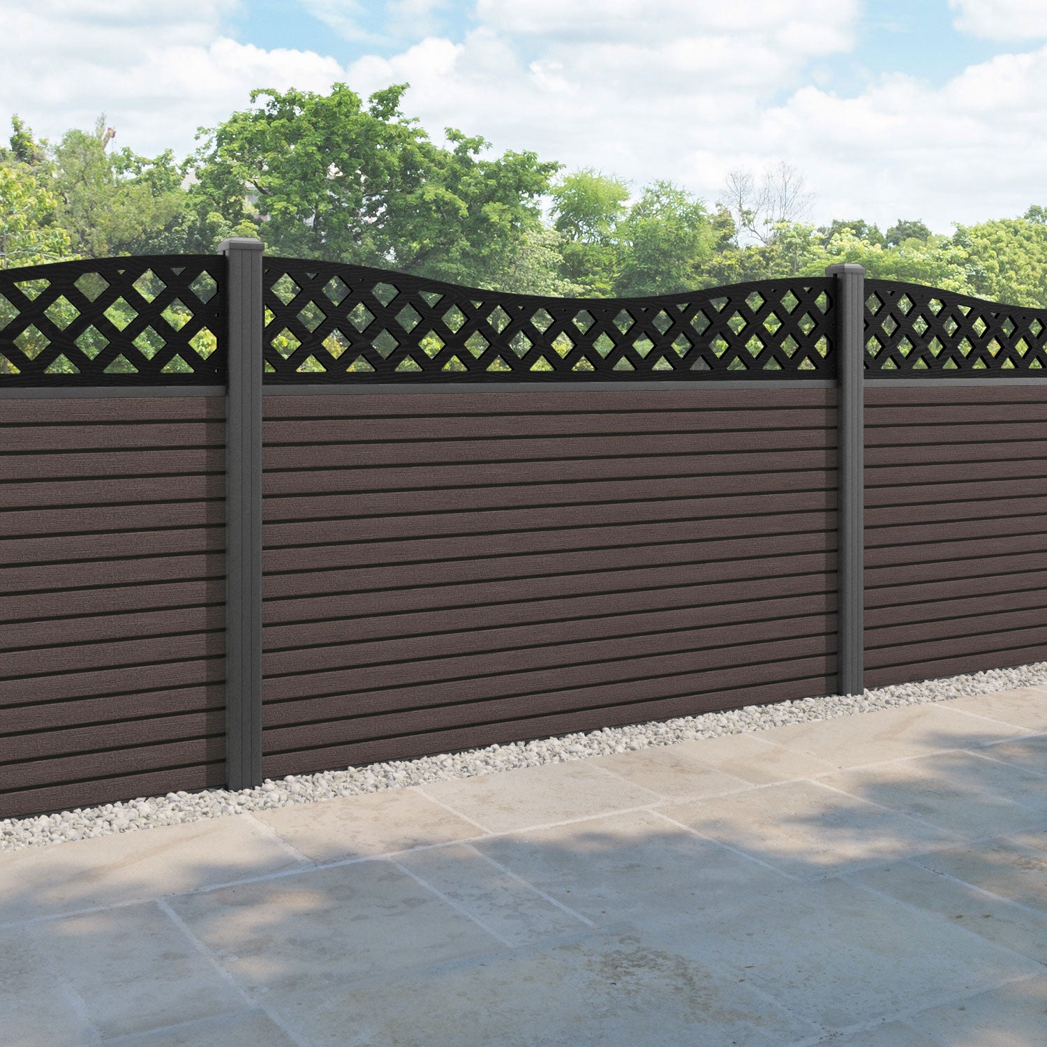 Hudson Low Wave Fence Panel - Mid Brown - with our aluminium posts