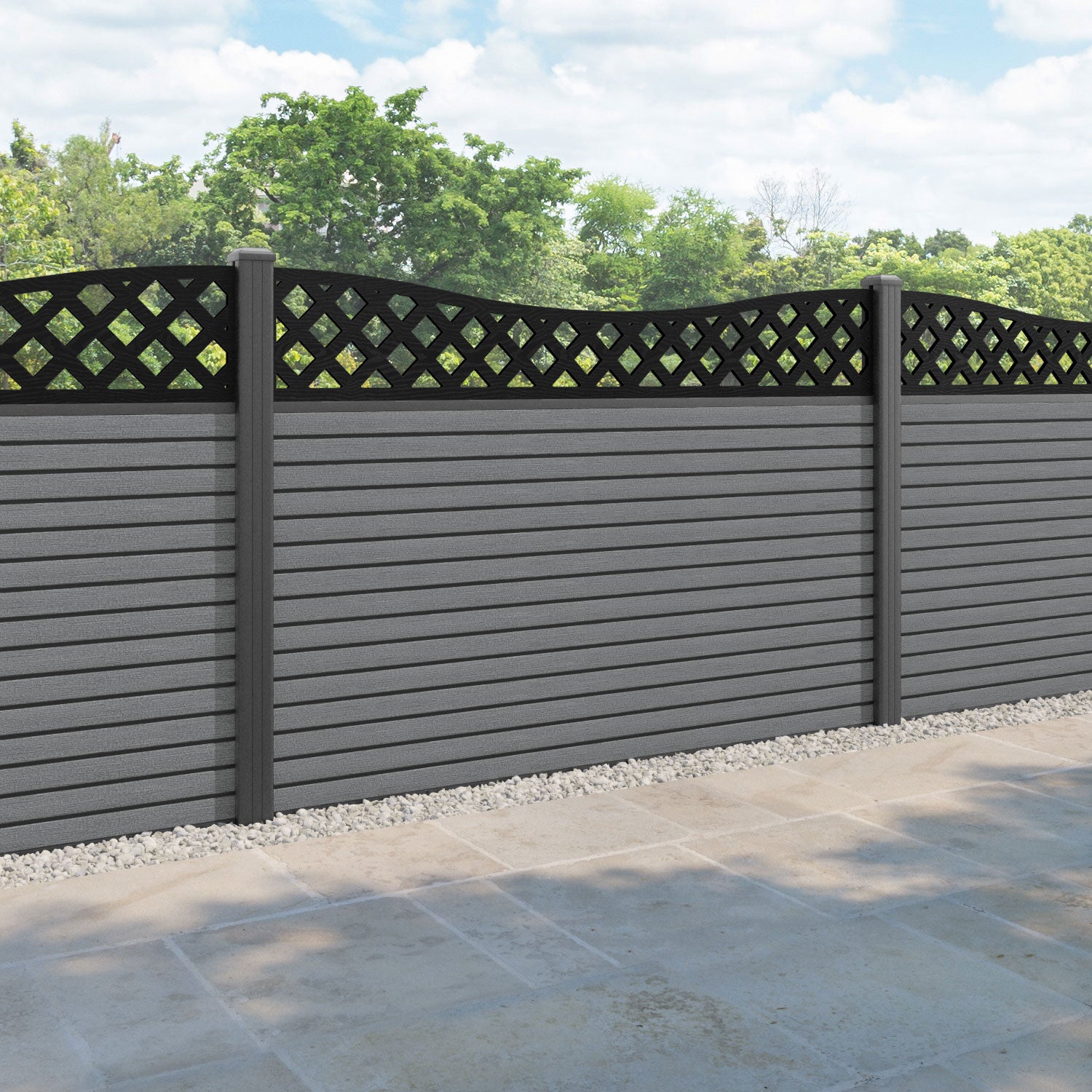 Hudson Low Wave Fence Panel - Mid Grey - with our aluminium posts