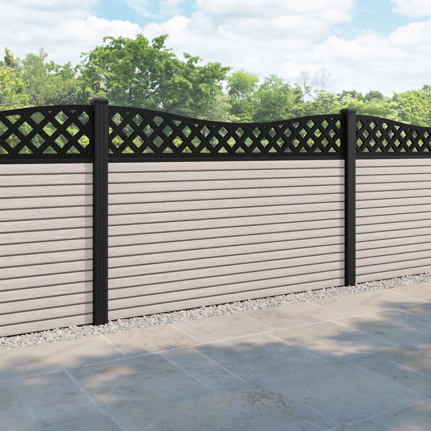 Hudson Low Wave Curved Top Fence Panel - Mid Stone - with our composite posts