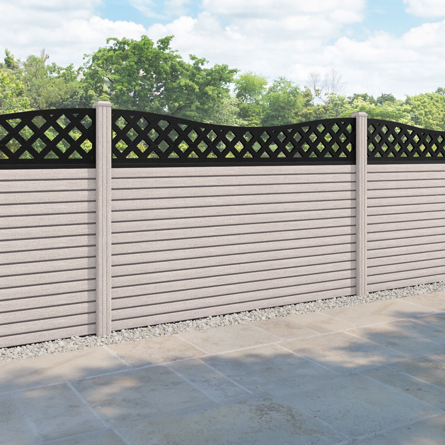 Hudson Low Wave Curved Top Fence Panel - Mid Stone - with our composite posts
