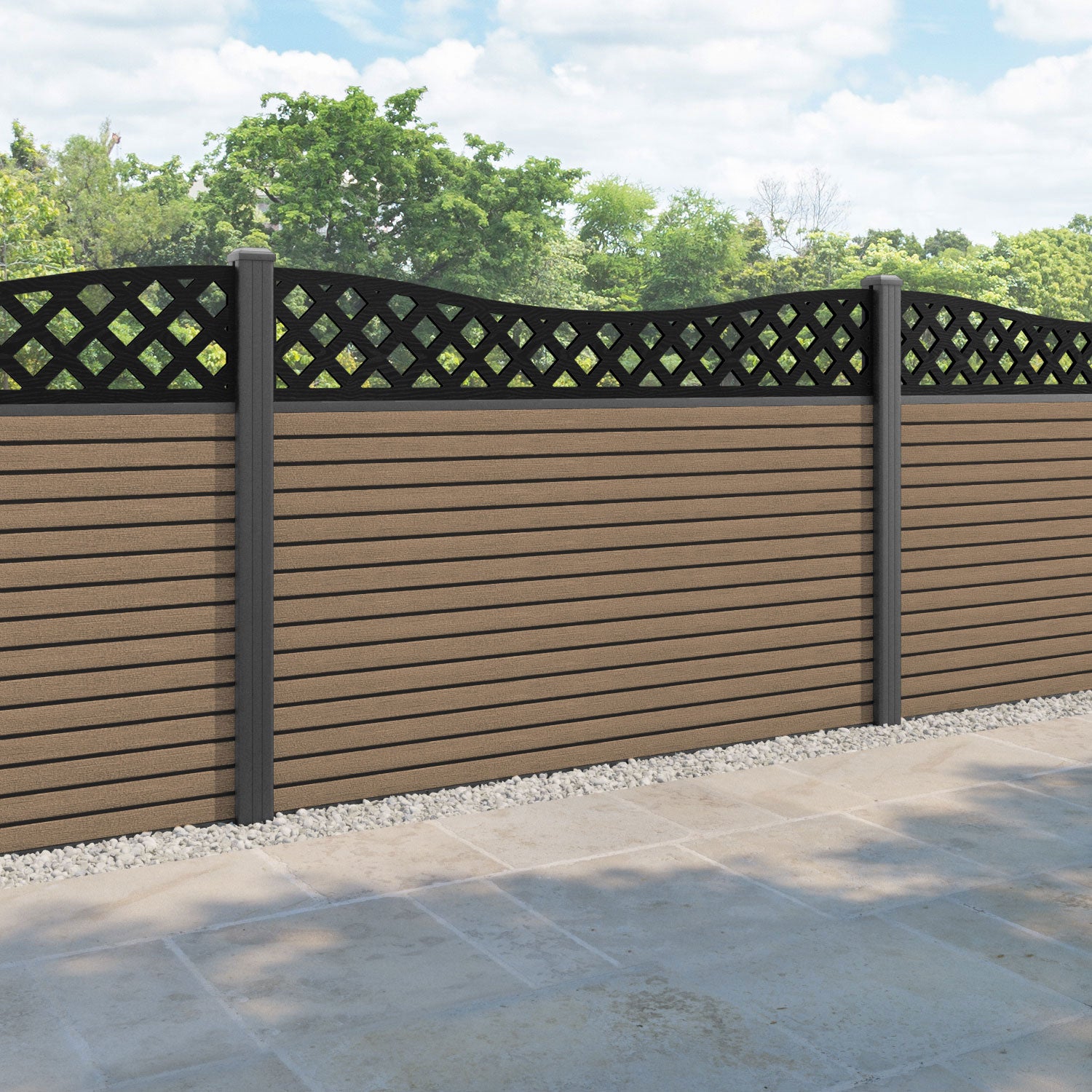 Hudson Low Wave Fence Panel - Teak - with our aluminium posts