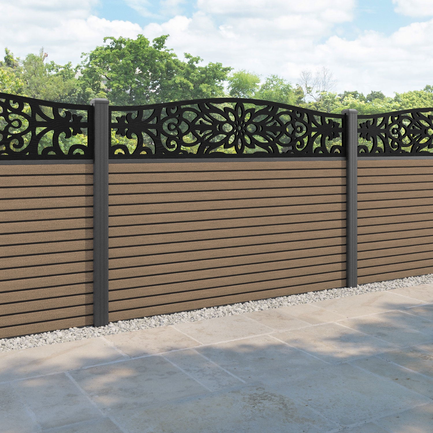 Hudson Windsor Curved Top Fence Panel - Teak - with our aluminium posts