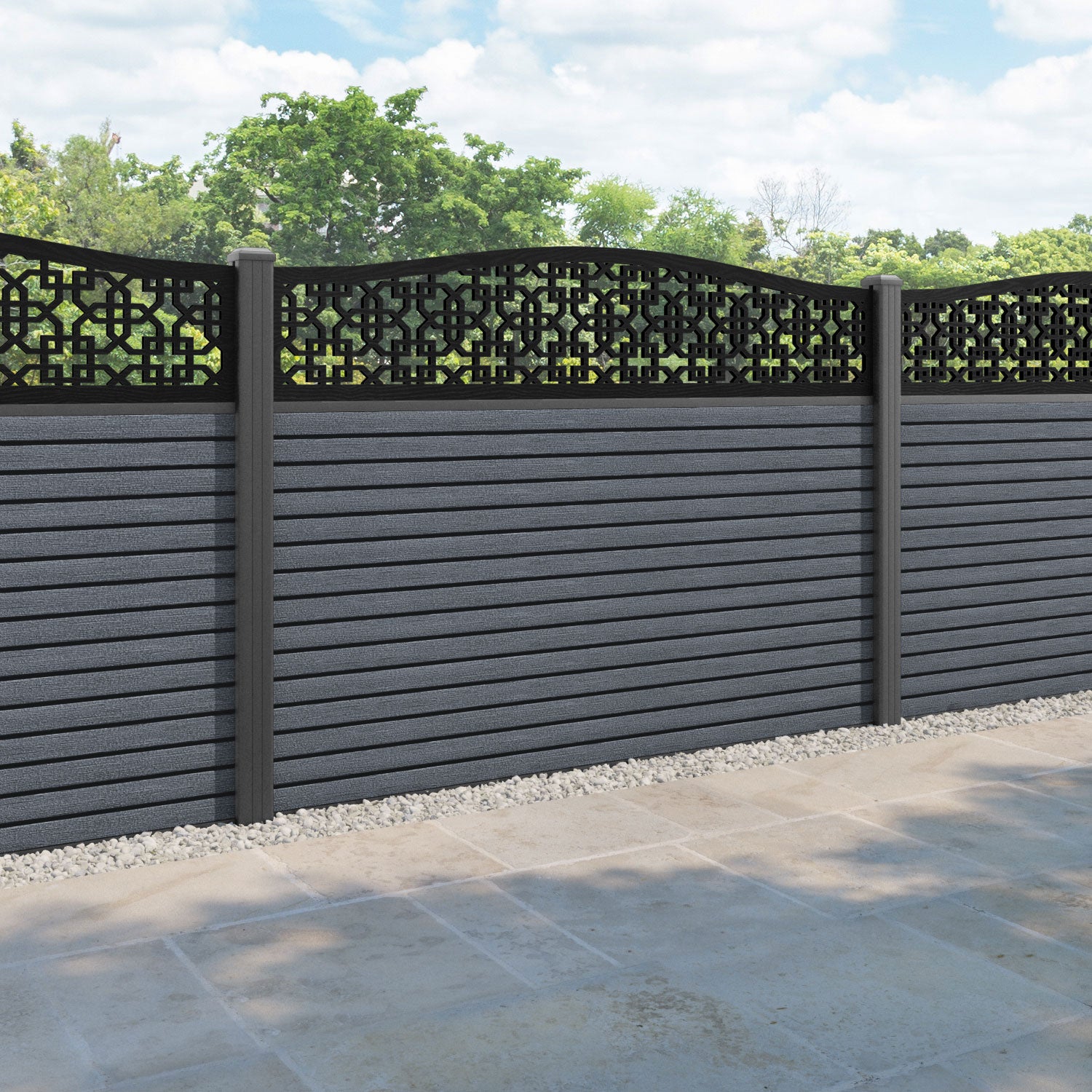 Hudson Zaria Curved Top Fence Panel - Anthracite - with our aluminium posts