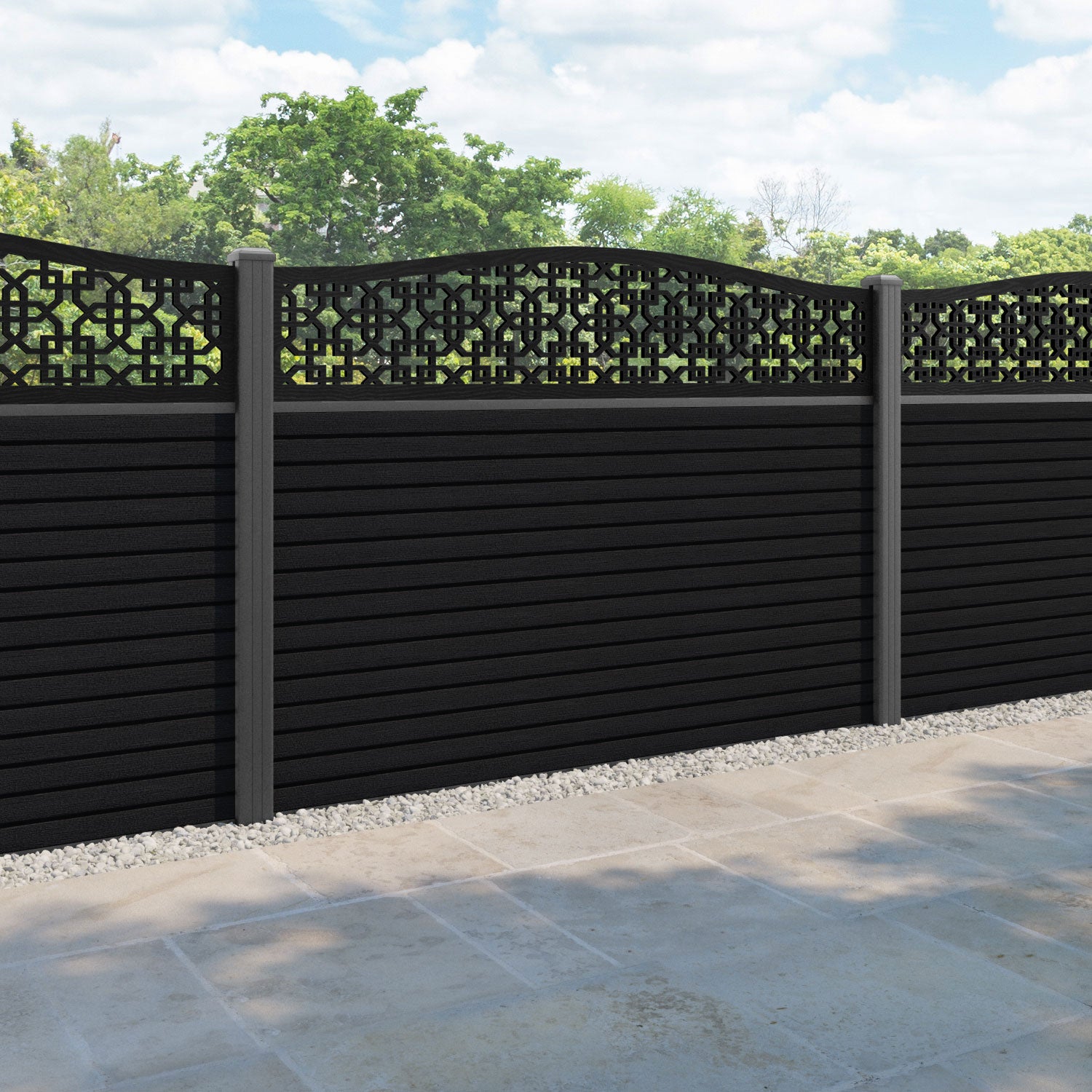 Hudson Zaria Curved Top Fence Panel - Black - with our aluminium posts