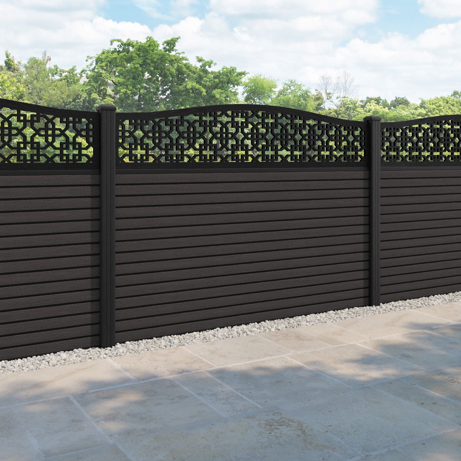 Hudson Zaria Curved Top Fence Panel - Dark Oak - with our composite posts