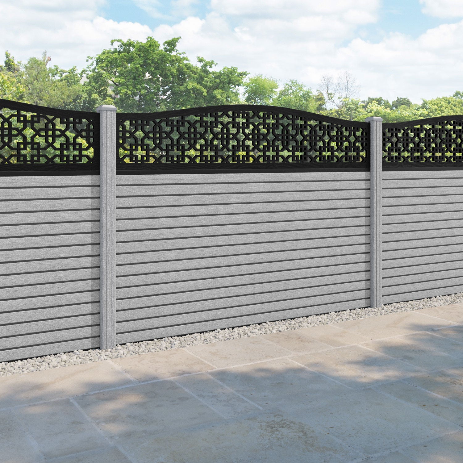 Hudson Zaria Curved Top Fence Panel - Light Grey - with our composite posts