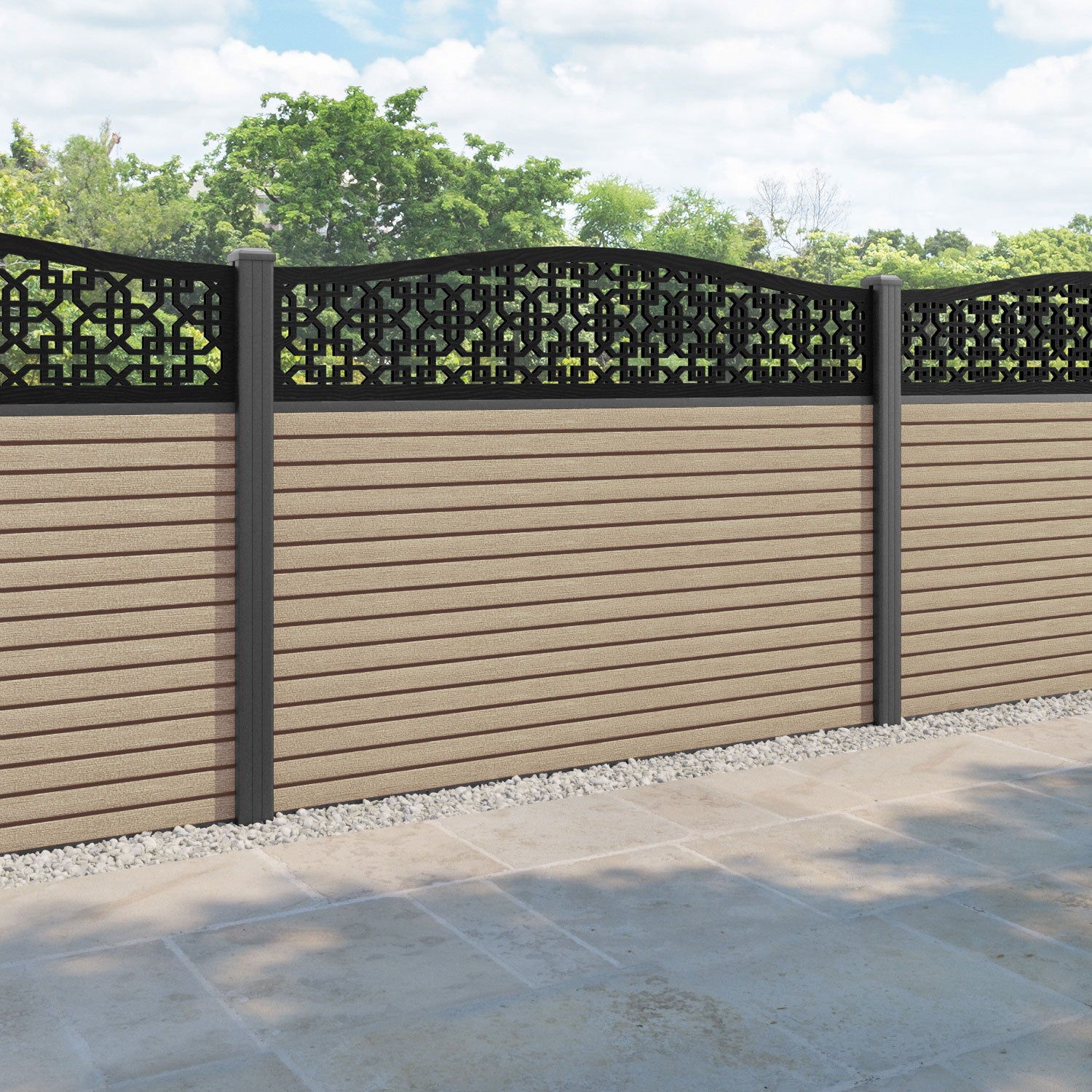 Hudson Zaria Curved Top Fence Panel - Light Oak - with our aluminium posts