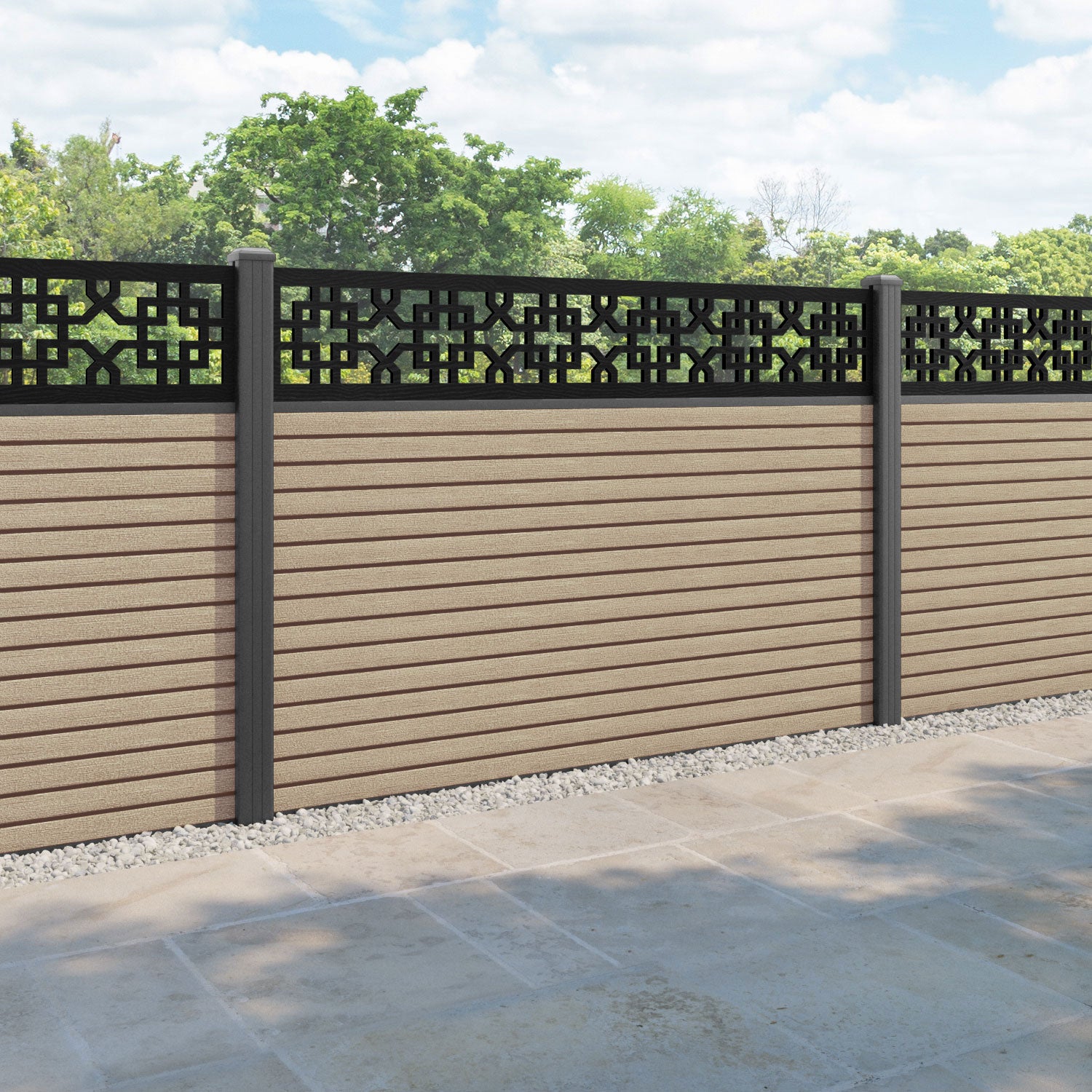 Hudson Zaria Fence Panel - Light Oak - with our aluminium posts