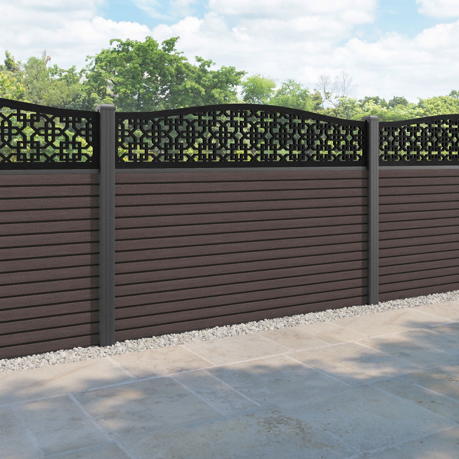 Hudson Zaria Curved Top Fence Panel - Mid Brown - with our aluminium posts