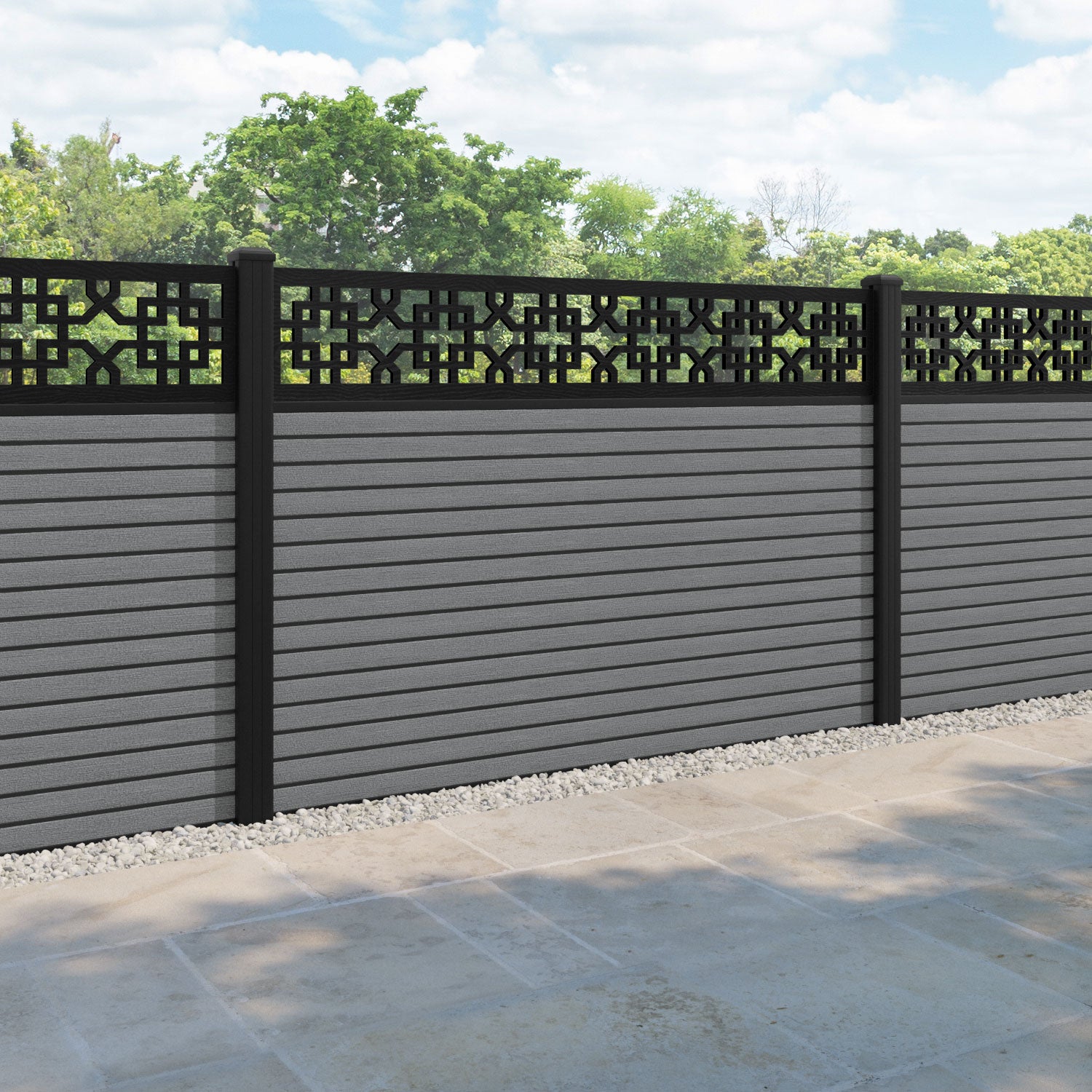 Hudson Zaria Fence Panel - Mid Grey - with our aluminium posts