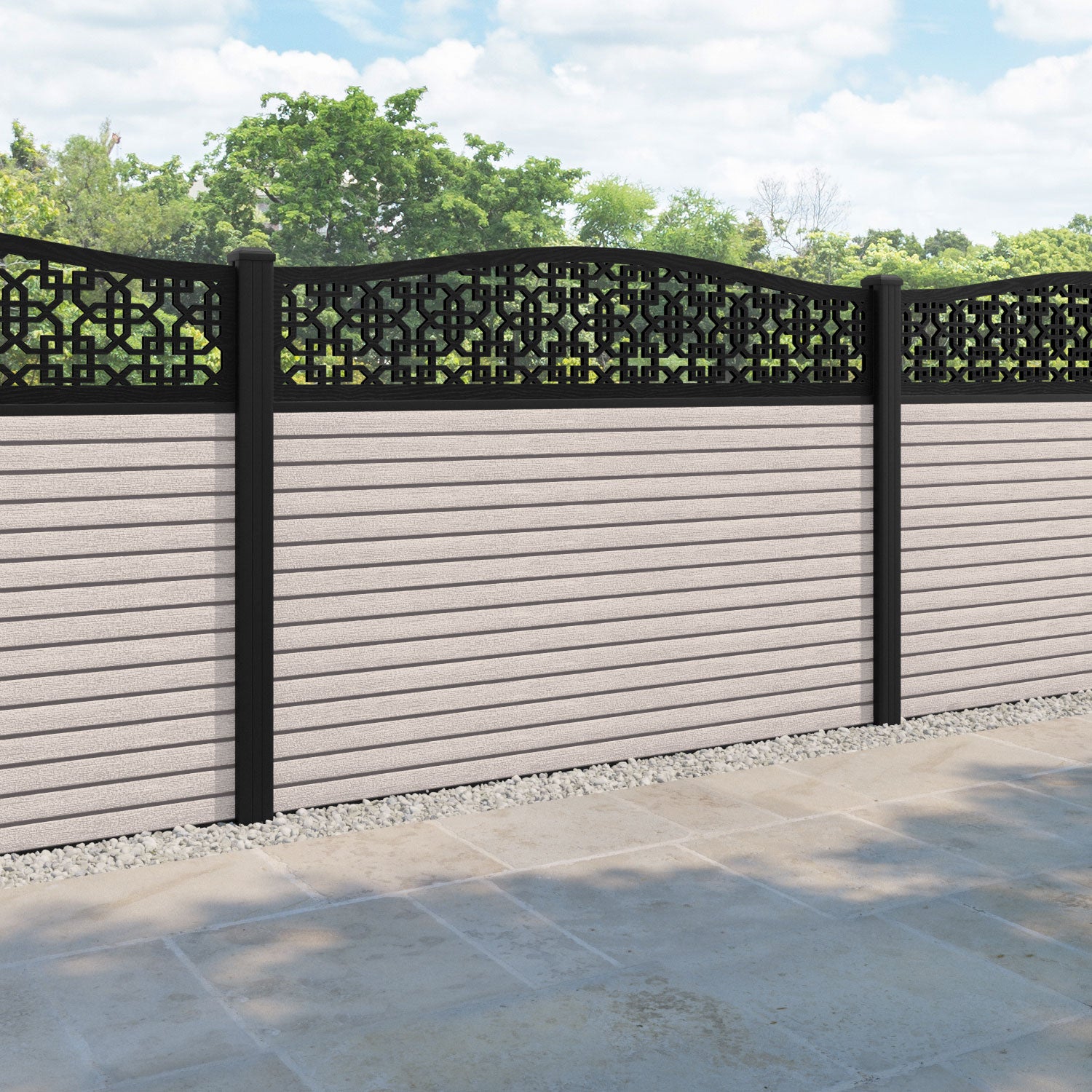 Hudson Zaria Curved Top Fence Panel - Mid Stone - with our aluminium posts