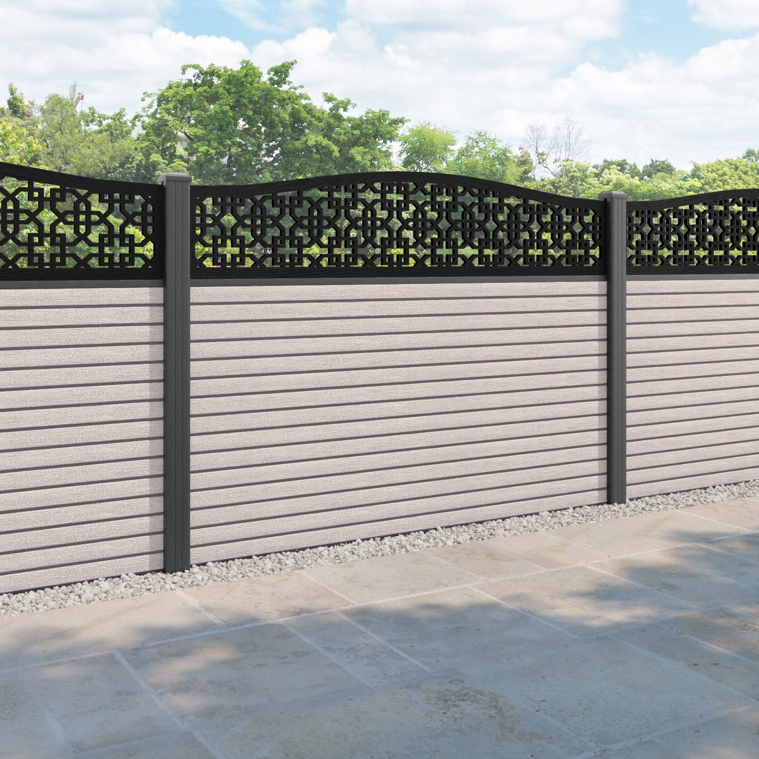 Hudson Zaria Curved Top Fence Panel - Mid Stone - with our aluminium posts