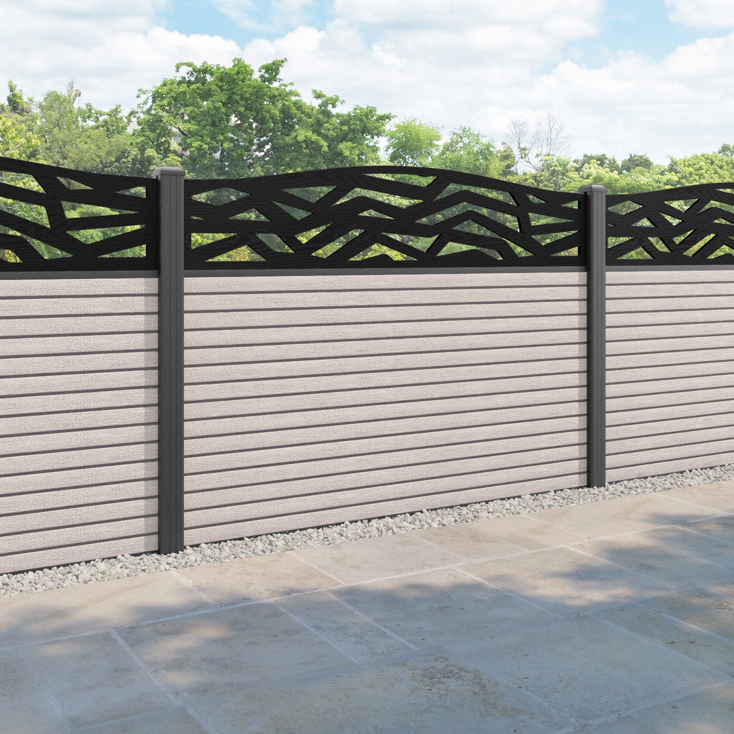 Hudson Zenith Curved Top Fence Panel - Mid Stone - with our aluminium posts