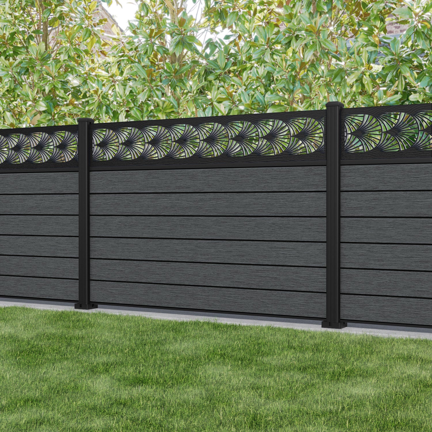 Fusion Laurel Fence Panel - Dark Grey - with our aluminium posts
