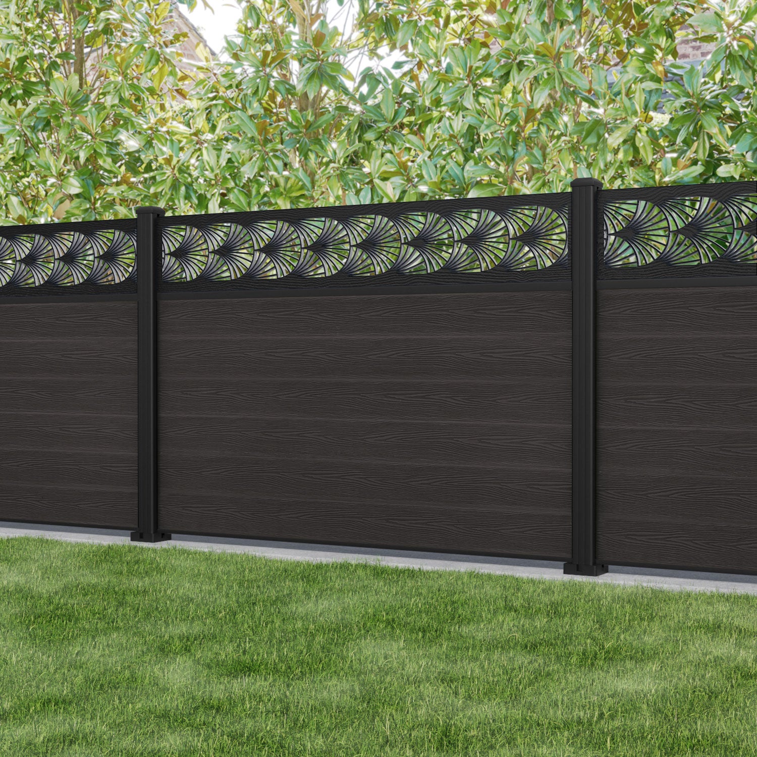 Classic Laurel Fence Panel - Dark Oak - with our aluminium posts
