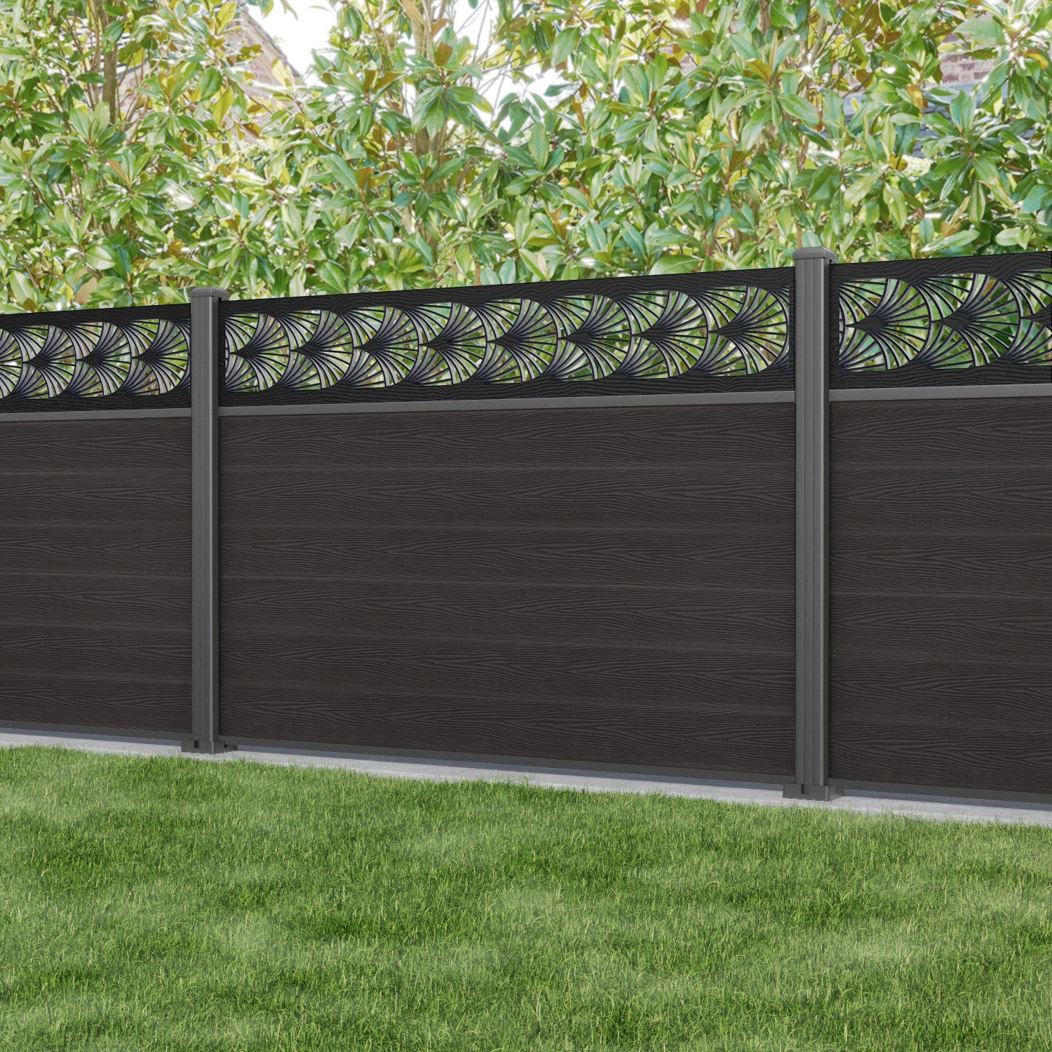 Classic Laurel Fence Panel - Dark Oak - with our aluminium posts