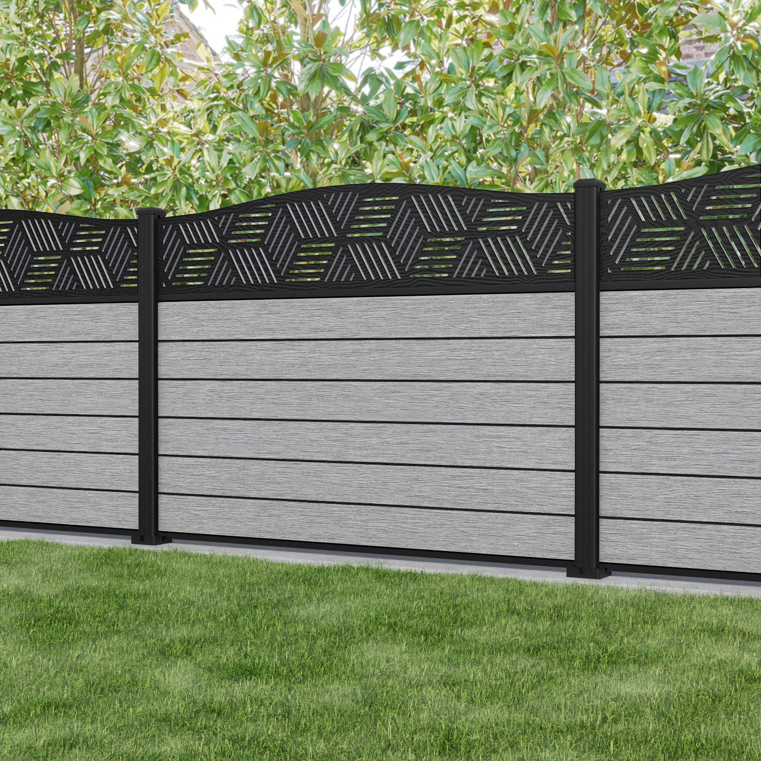 Fusion Cubed Curved Top Fence Panel - Light Grey - with our aluminium posts