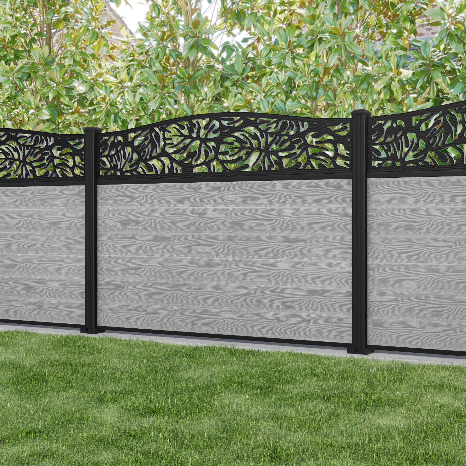 Fusion Botanic Curved Top Fence Panel - Light Grey - with our aluminium posts