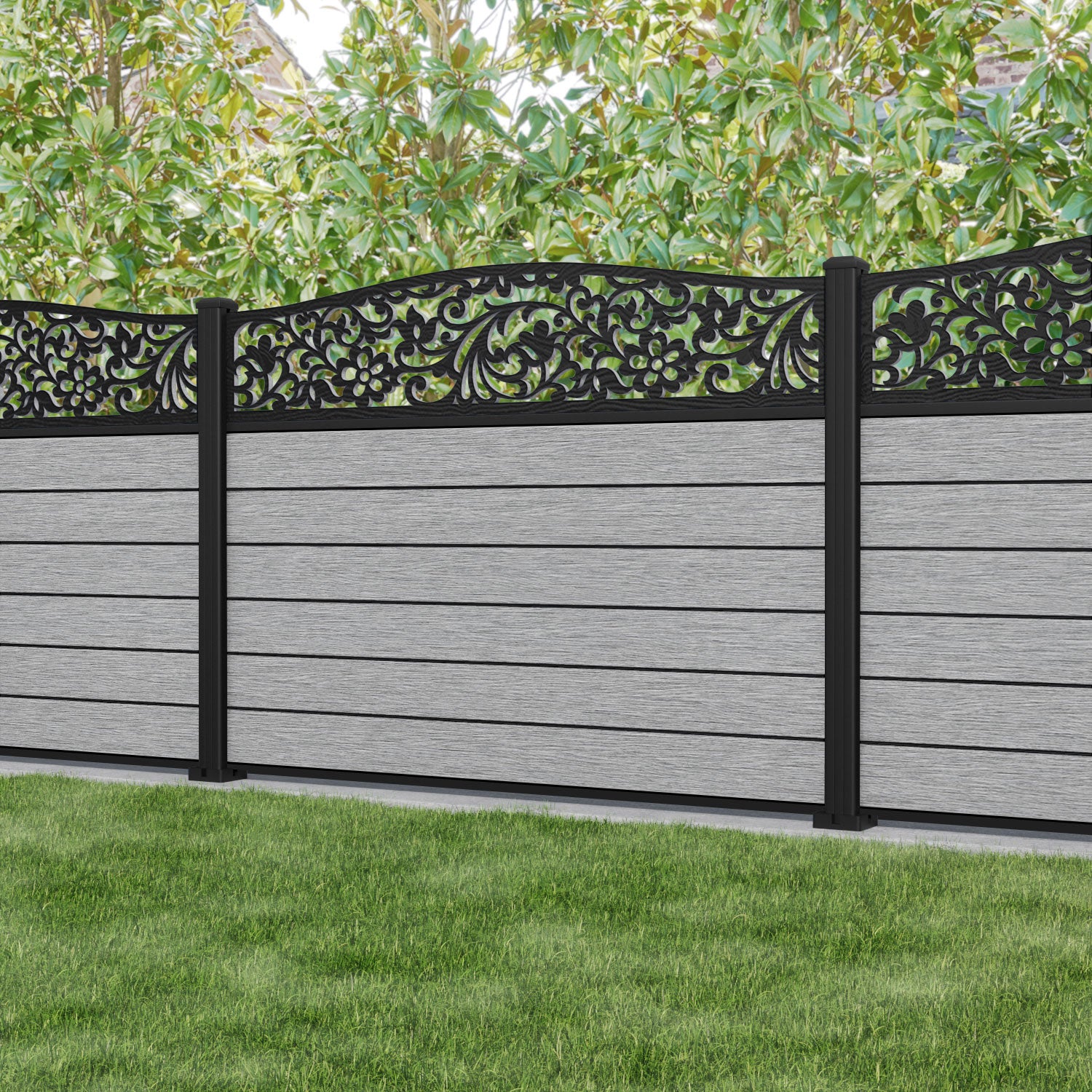 Fusion Eden Curved Top Fence Panel - Light Grey - with our aluminium posts