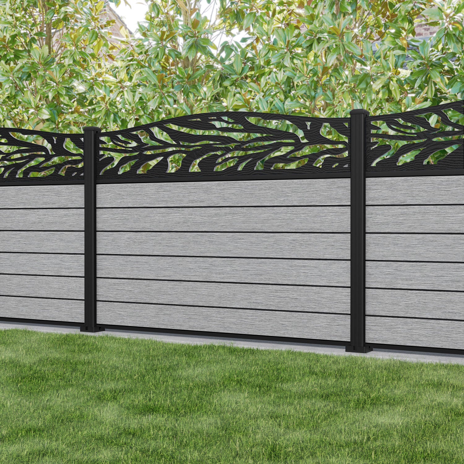 Fusion Malawi Curved Top Fence Panel - Light Grey - with our aluminium posts