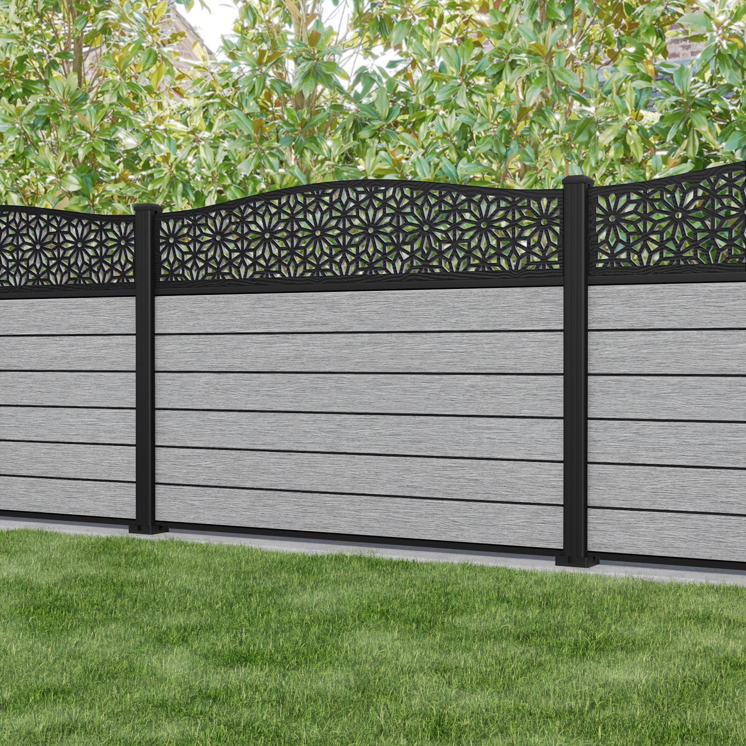 Fusion Narwa Curved Top Fence Panel - Light Grey - with our aluminium posts