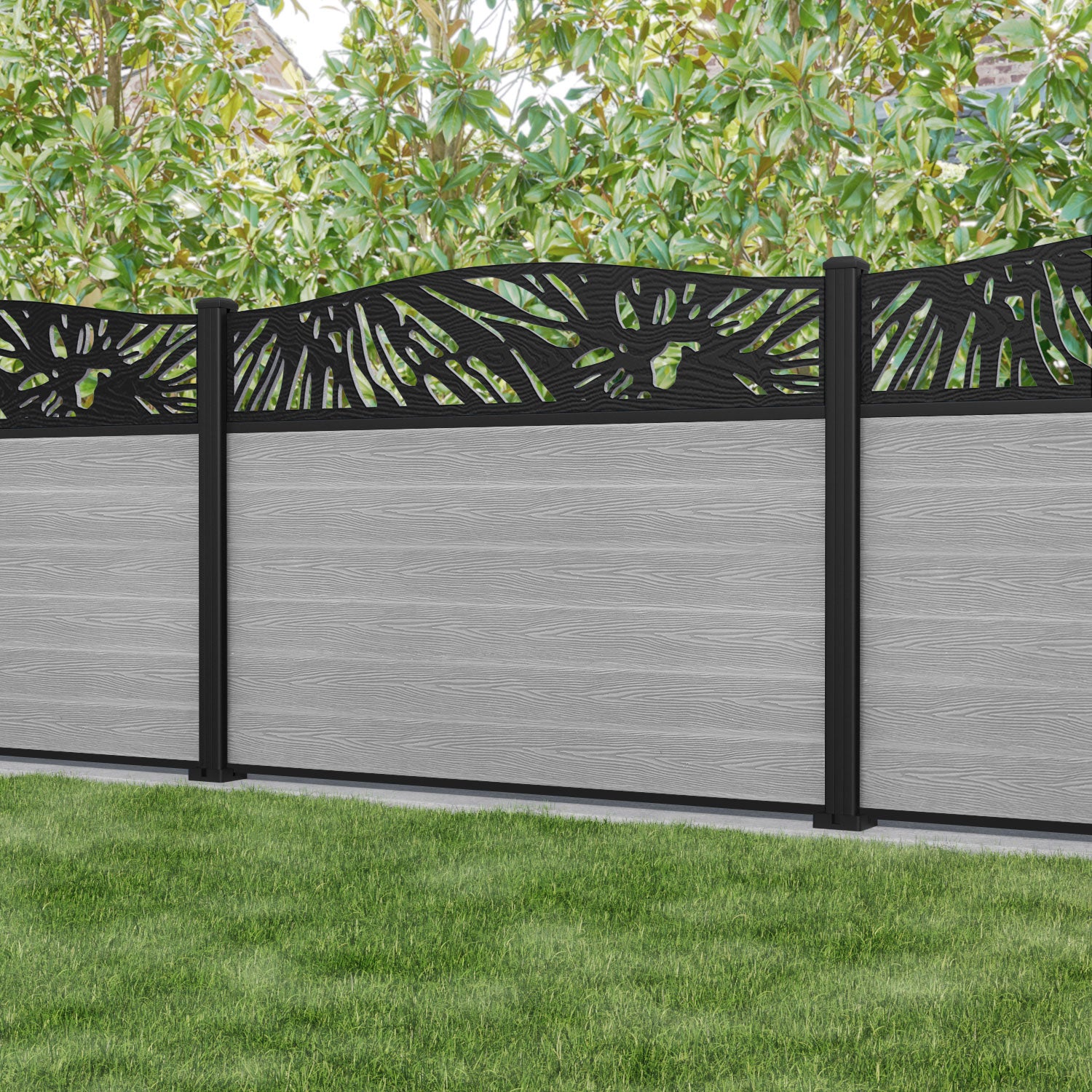 Classic Poppy Curved Top Fence Panel - Light Grey - with our aluminium posts