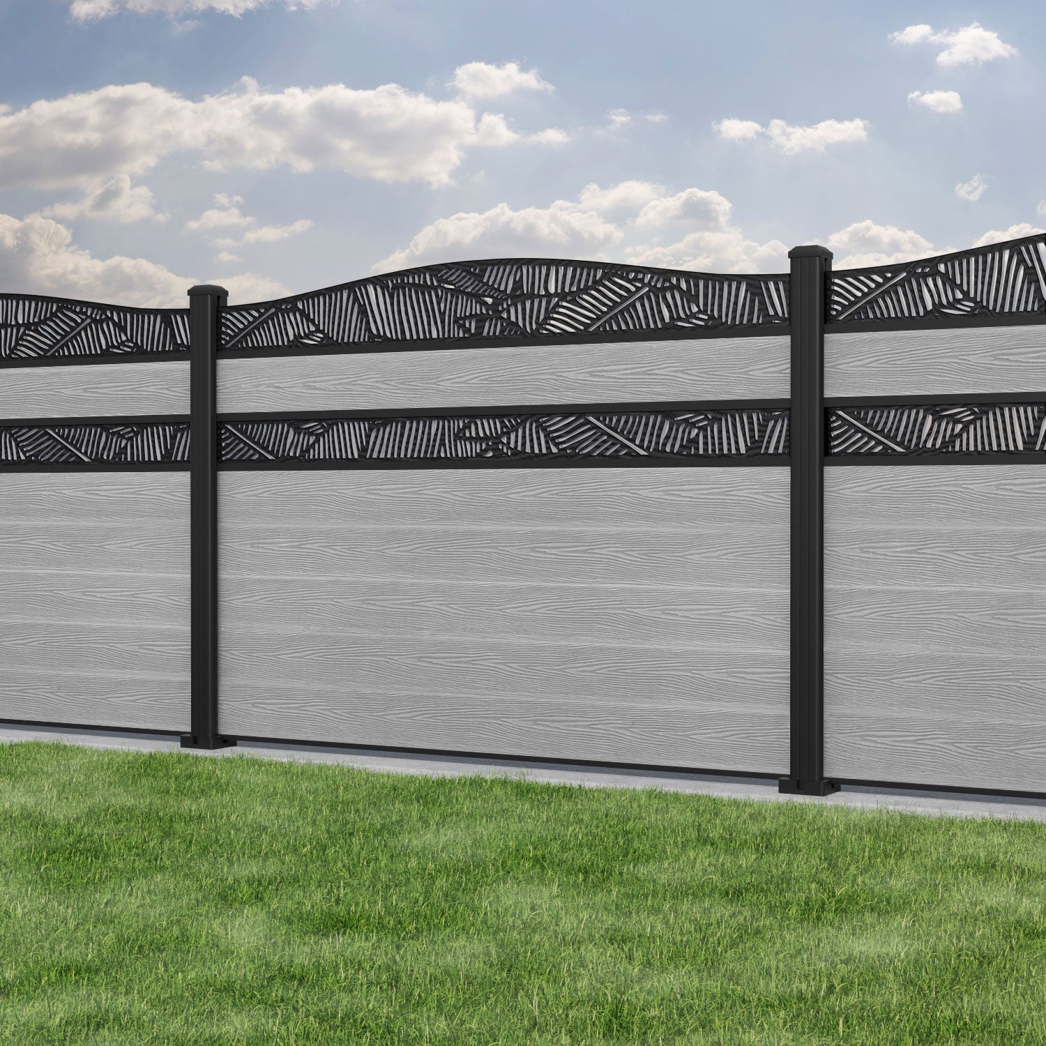 Classic Feather Curved Top Split Screen Fence Panel - Light Grey - with our aluminium posts