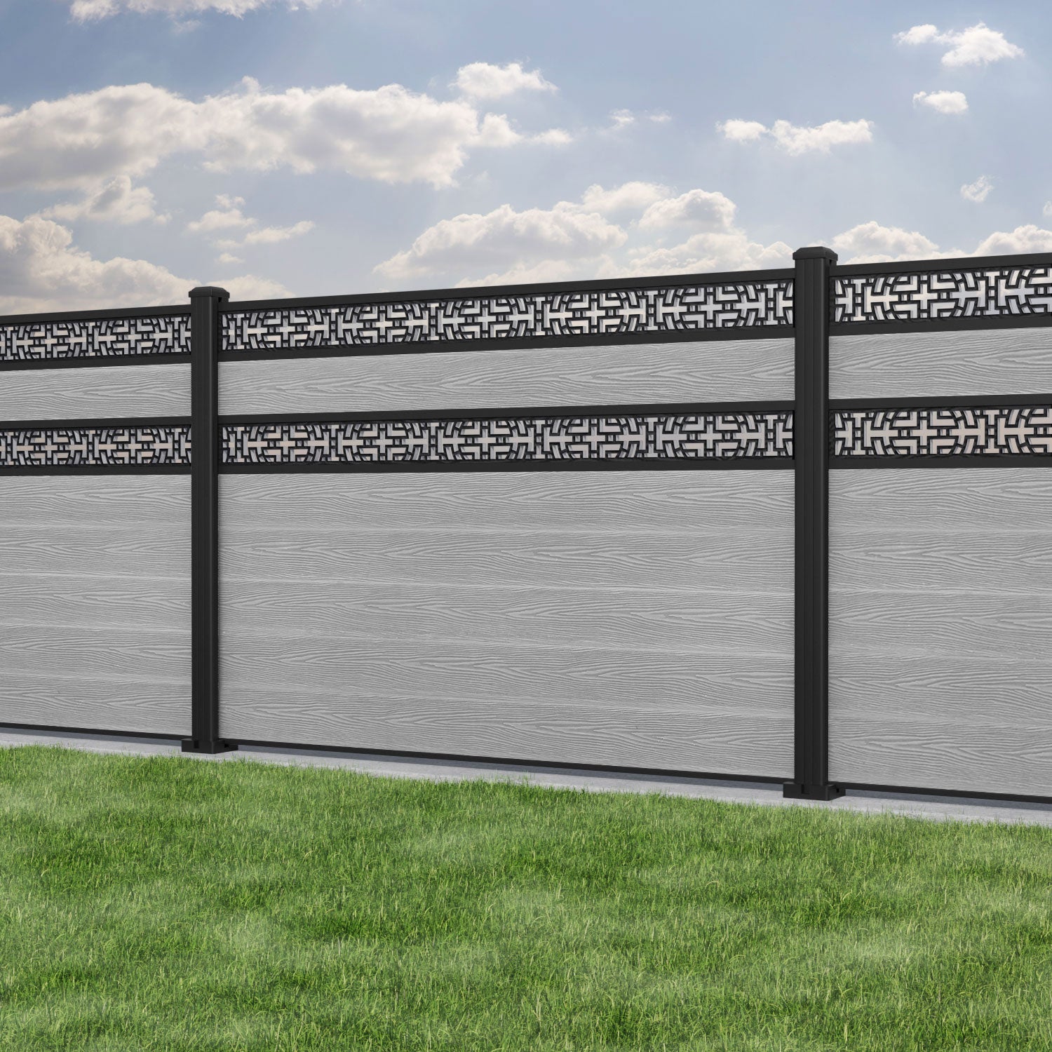 Classic Kumo Split Screen Fence Panel - Light Grey - with our aluminium posts