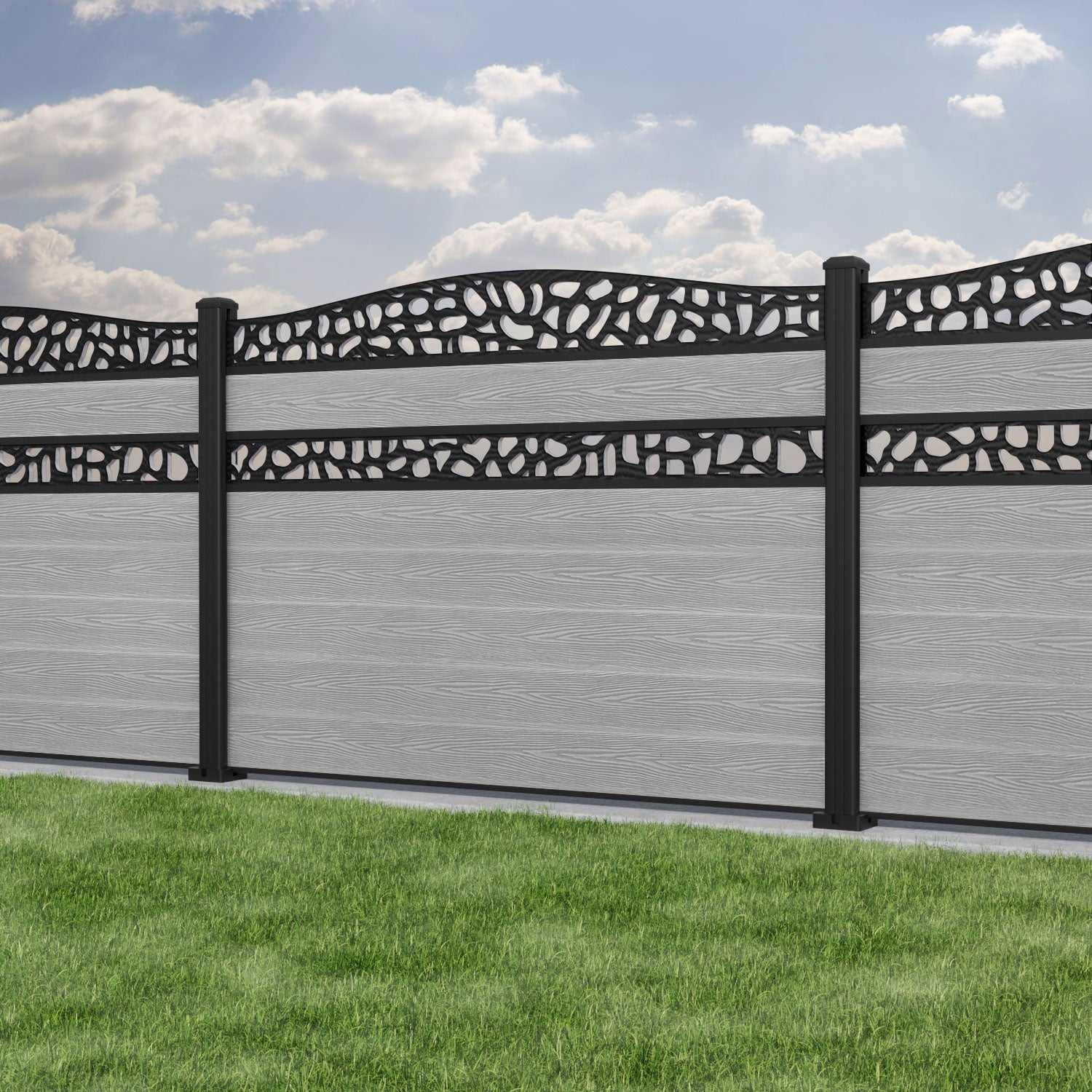 Classic Pebble Curved Top Split Screen Fence Panel - Light Grey - with our aluminium posts