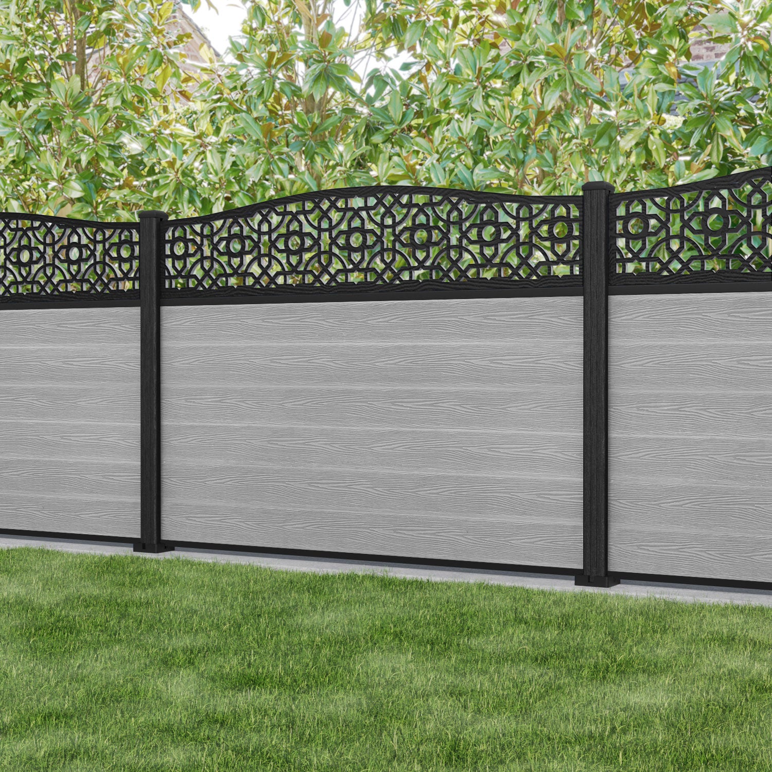 Fusion Nabila Curved Top Fence Panel - Light Grey - with our composite posts