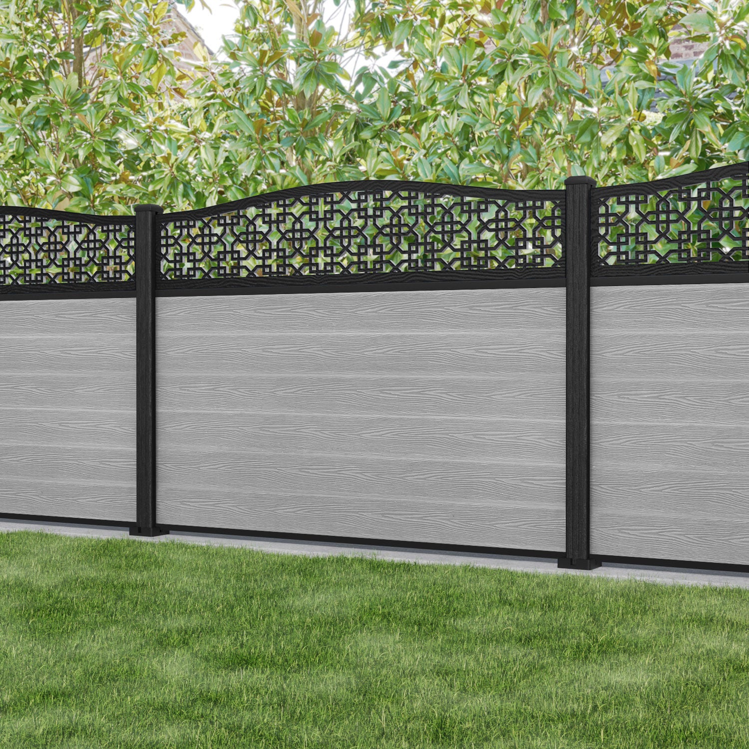 Classic Zaria Curved Top Fence Panel - Light Grey - with our composite posts