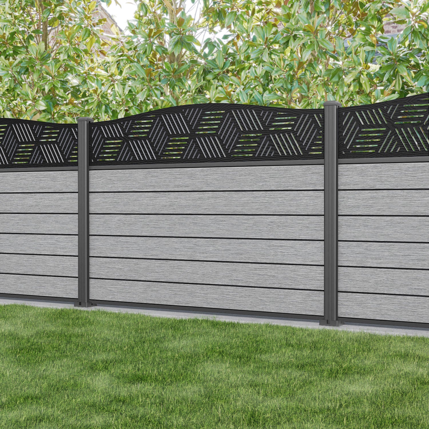 Fusion Cubed Curved Top Fence Panel - Light Grey - with our aluminium posts