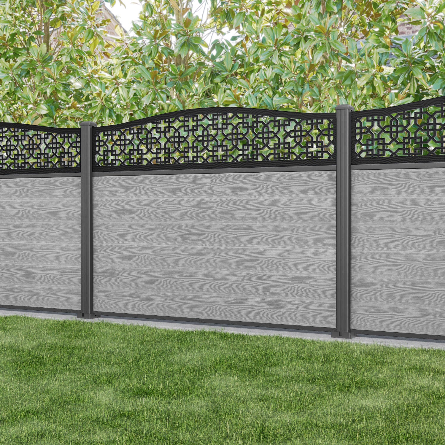 Fusion Zaria Curved Top Fence Panel - Light Grey - with our aluminium posts