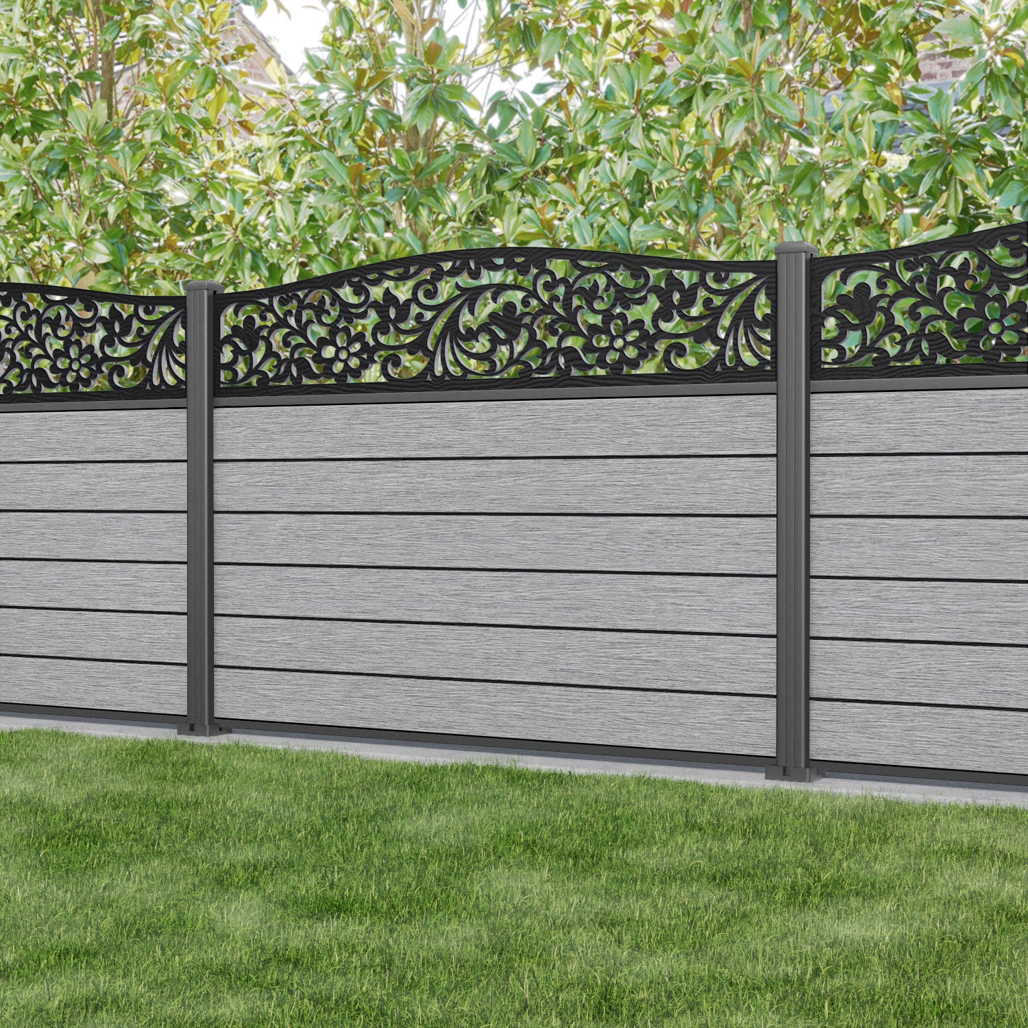 Fusion Eden Curved Top Fence Panel - Light Grey - with our aluminium posts