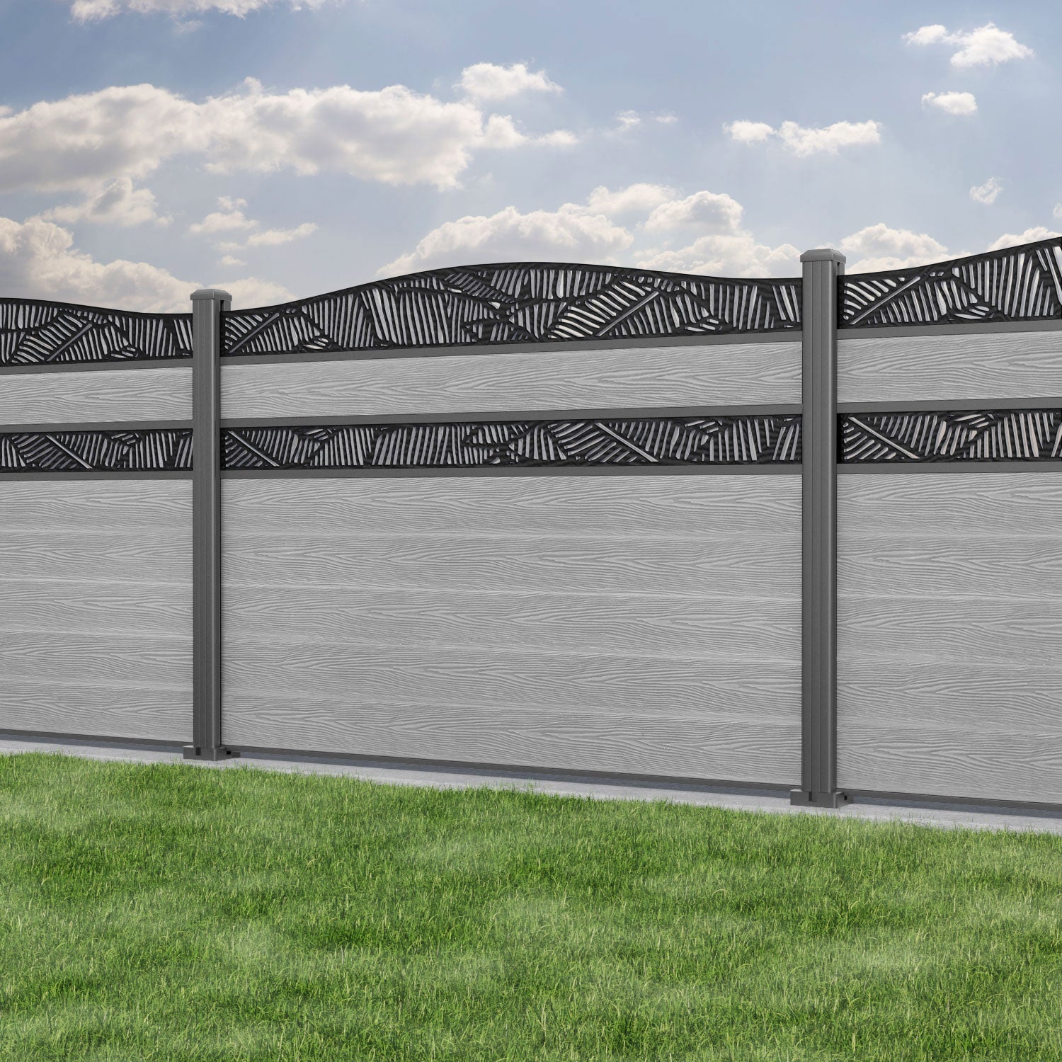 Classic Feather Curved Top Split Screen Fence Panel - Light Grey - with our aluminium posts