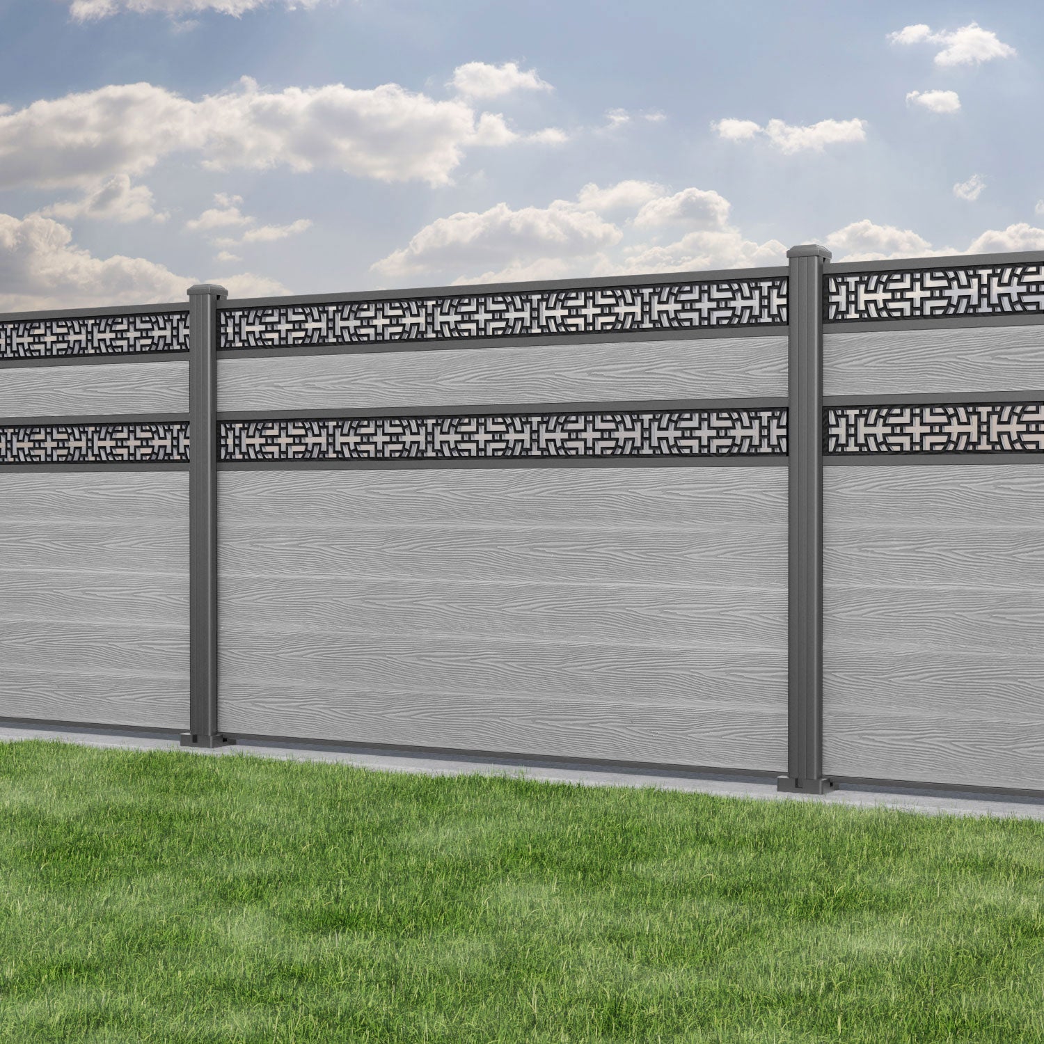 Classic Kumo Split Screen Fence Panel - Light Grey - with our aluminium posts