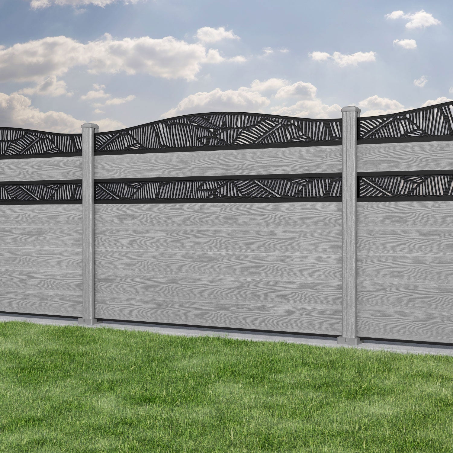 Classic Feather Curved Top Split Screen Fence Panel - Light Grey - with our composite posts