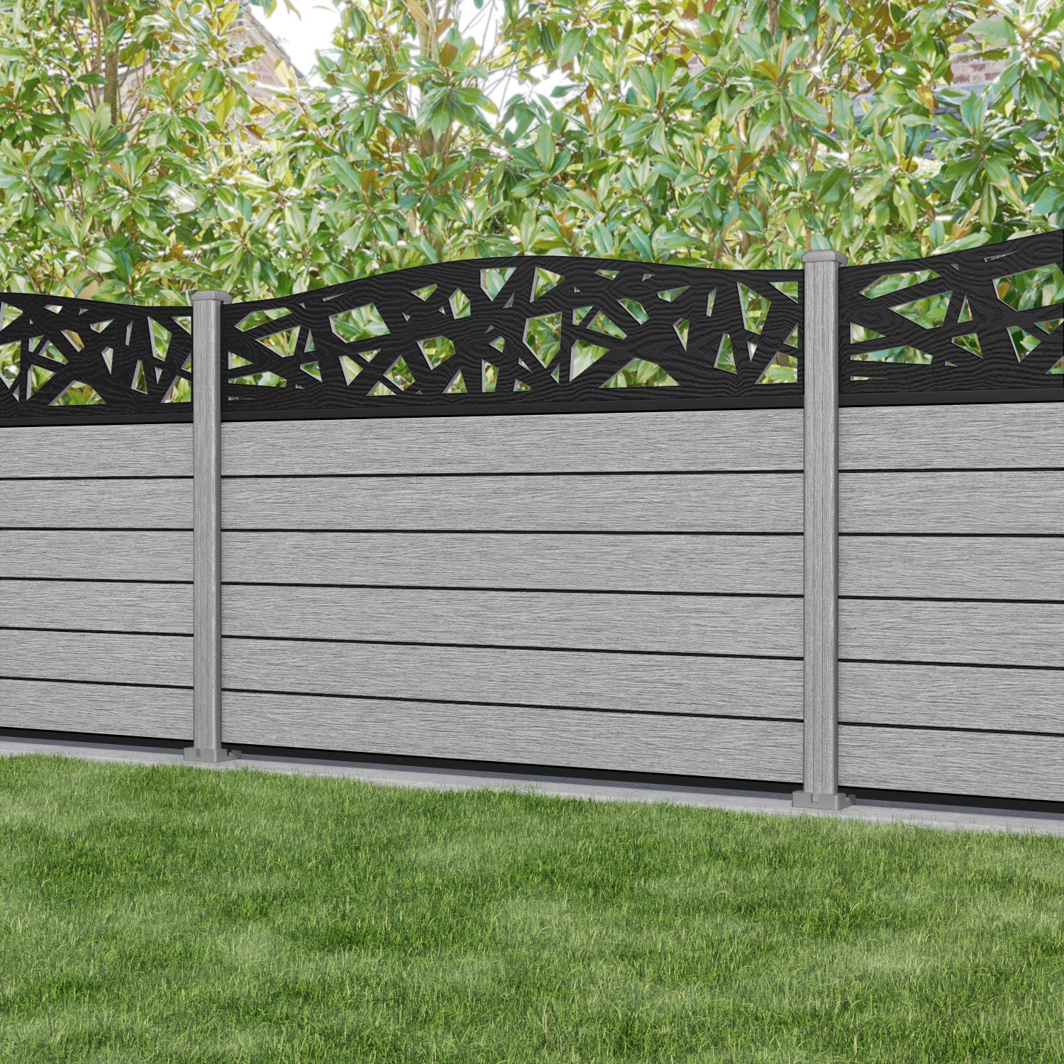 Fusion Prism Curved Top Fence Panel - Light Grey - with our composite posts