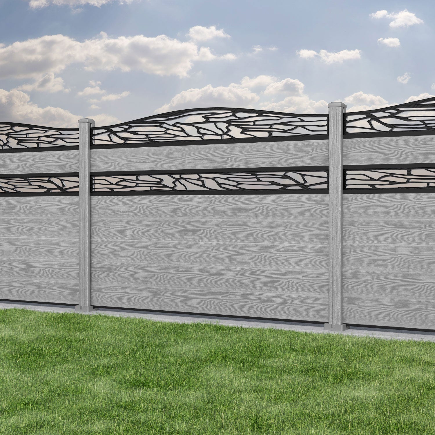 Classic Shatter Curved Top Split Screen Fence Panel - Light Grey - with our composite posts