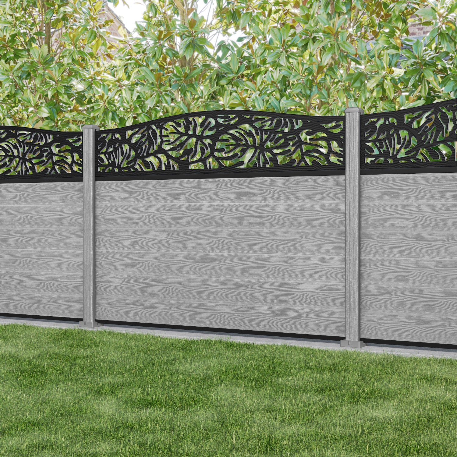 Classic Botanic Curved Top Fence Panel - Light Grey - with our composite posts