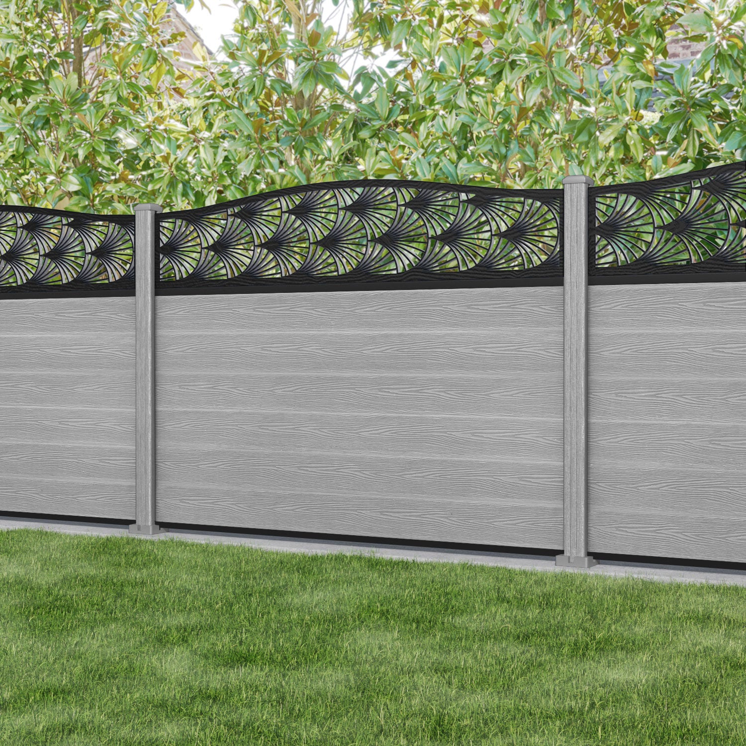 Fusion Laurel Curved Top Fence Panel - Light Grey - with our composite posts