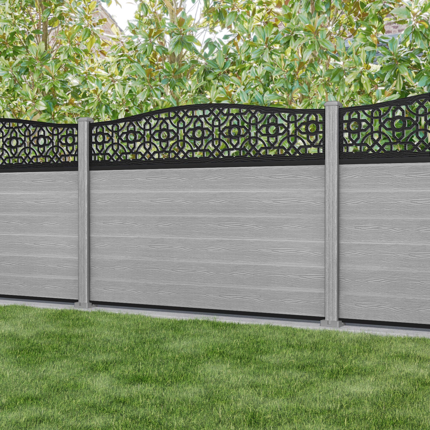 Fusion Nabila Curved Top Fence Panel - Light Grey - with our composite posts