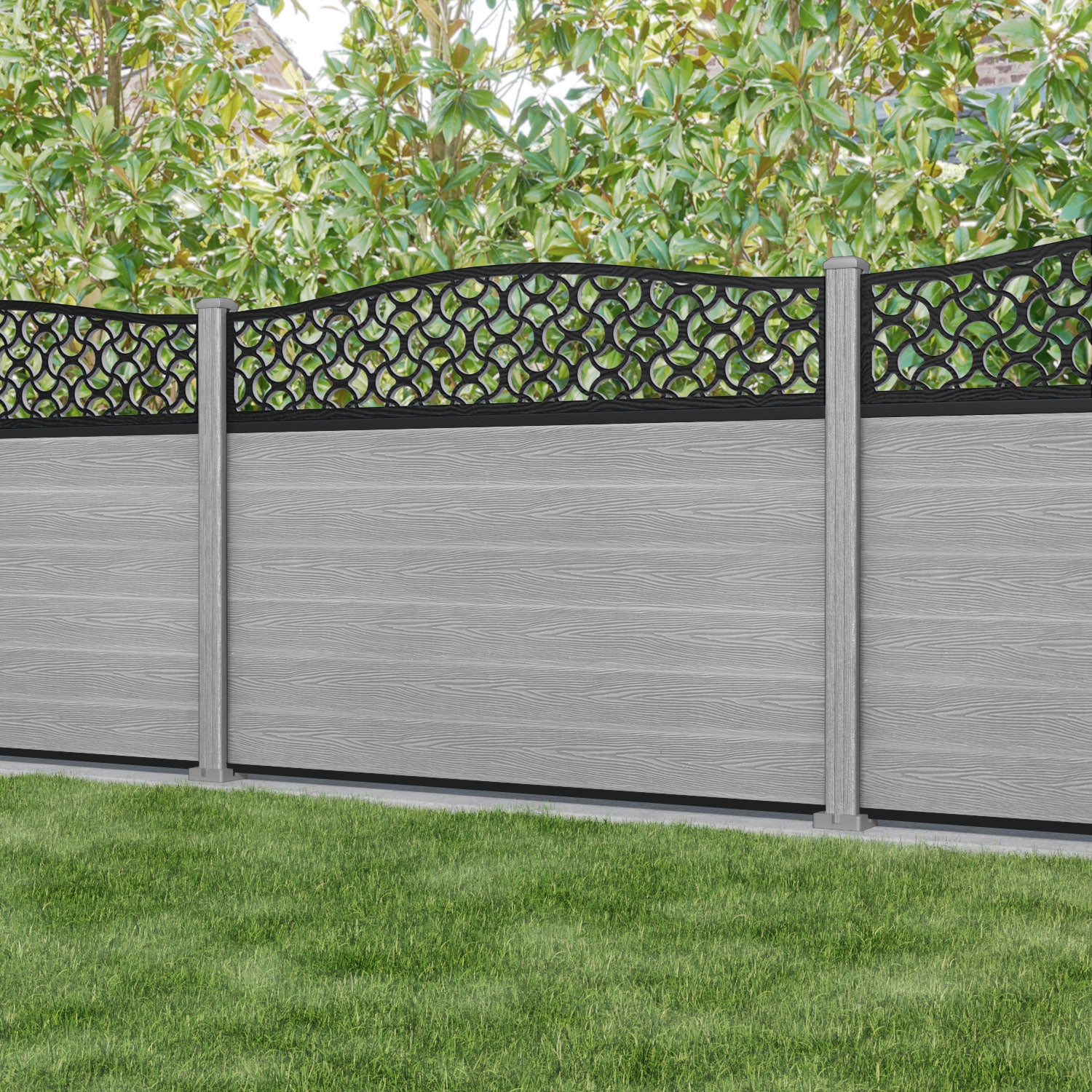 Classic Vida Curved Top Fence Panel - Light Grey - with our composite posts