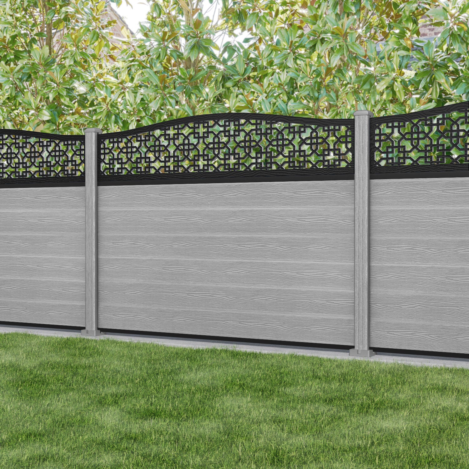 Classic Zaria Curved Top Fence Panel - Light Grey - with our composite posts