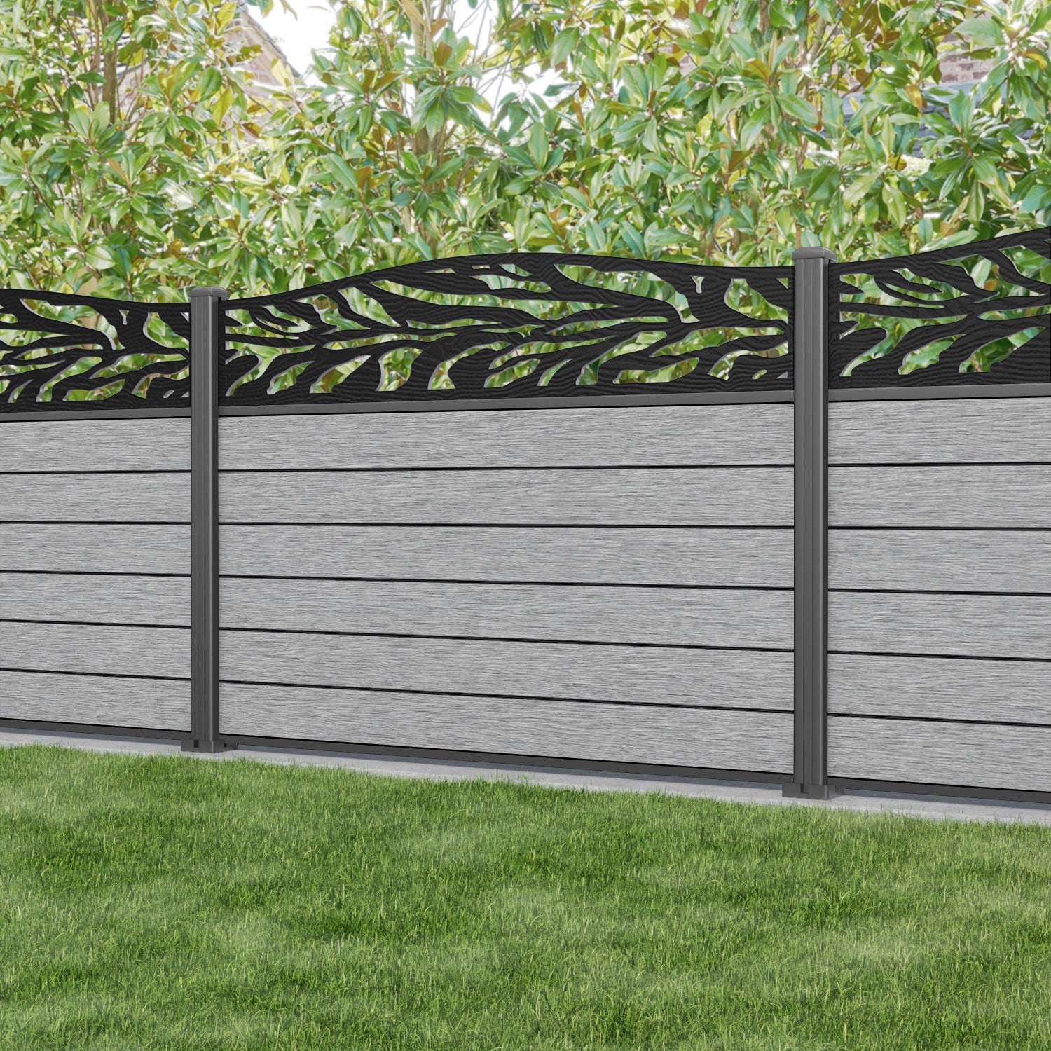 Fusion Malawi Curved Top Fence Panel - Light Grey - with our aluminium posts
