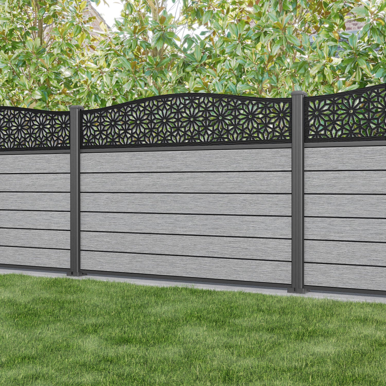 Fusion Narwa Curved Top Fence Panel - Light Grey - with our aluminium posts