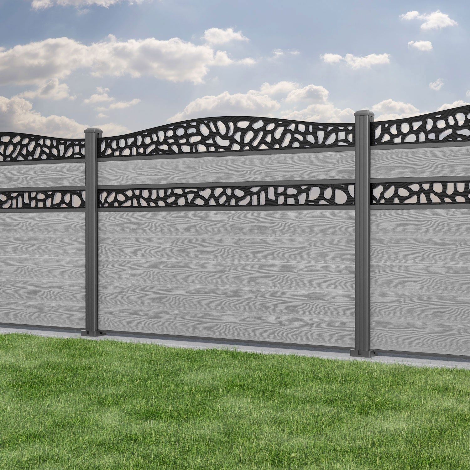 Classic Pebble Curved Top Split Screen Fence Panel - Light Grey - with our aluminium posts
